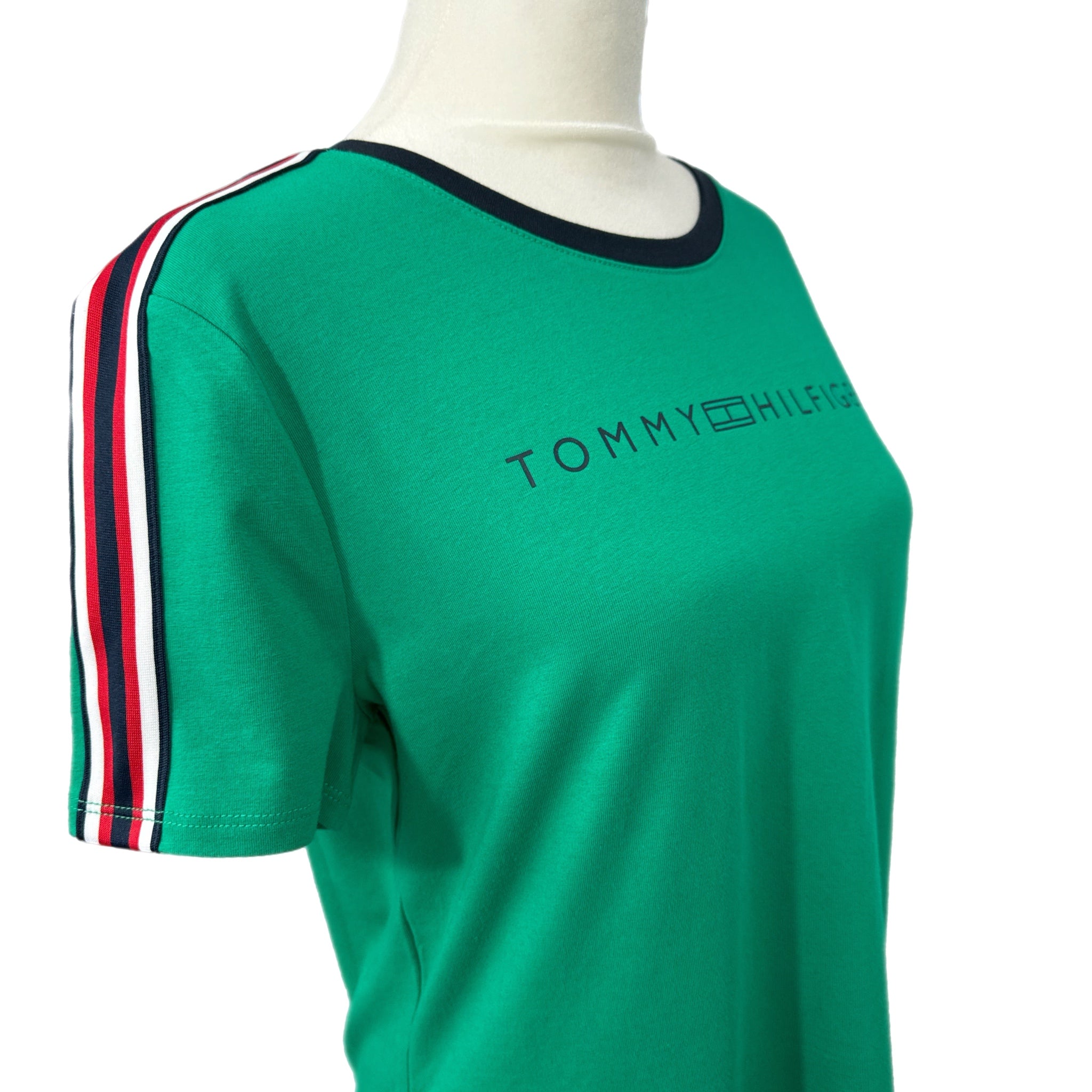 TOMMY HILFIGER Preppy Green T Shirt Dress Short Sleeve Stripe Accent