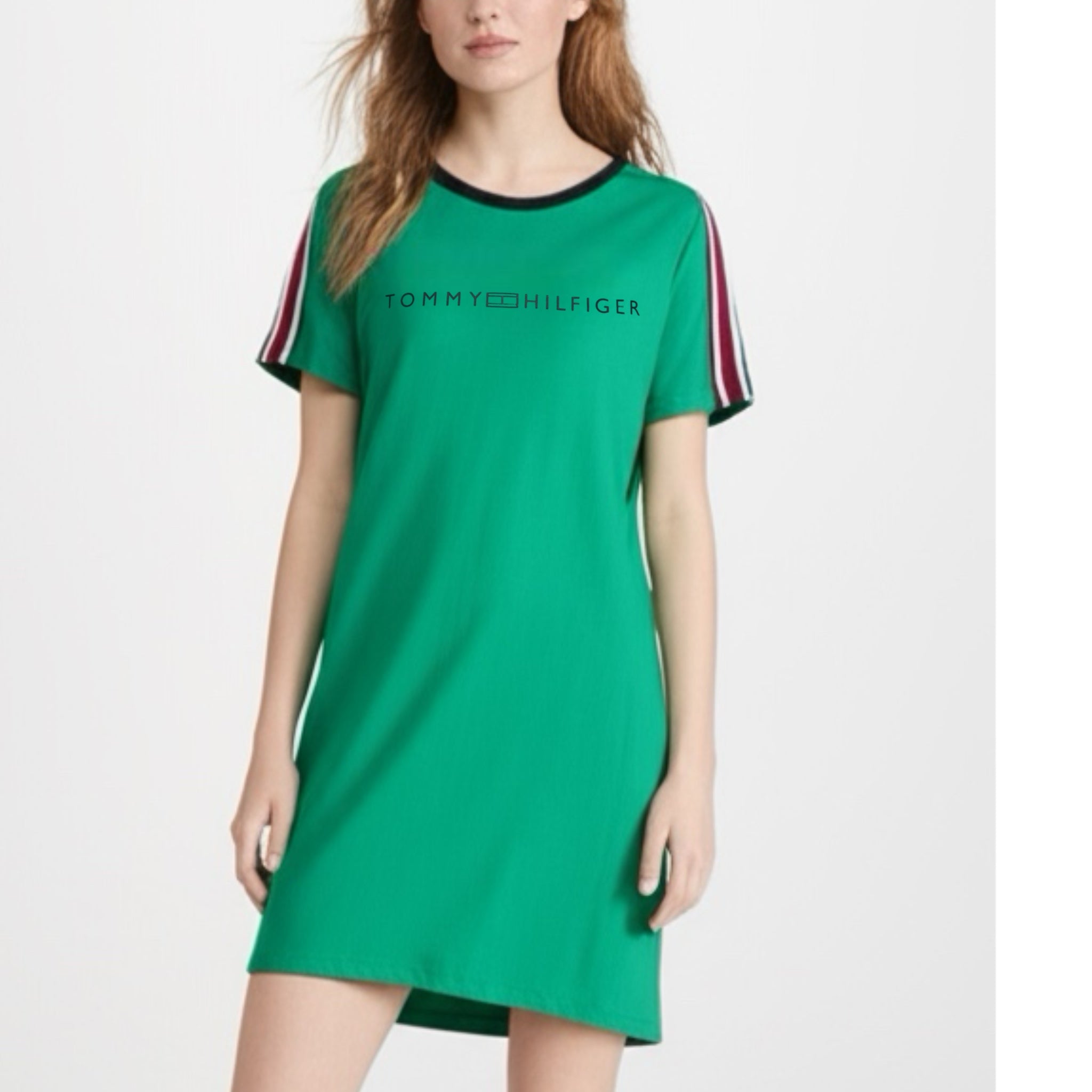 TOMMY HILFIGER Preppy Green T Shirt Dress Short Sleeve Stripe Accent