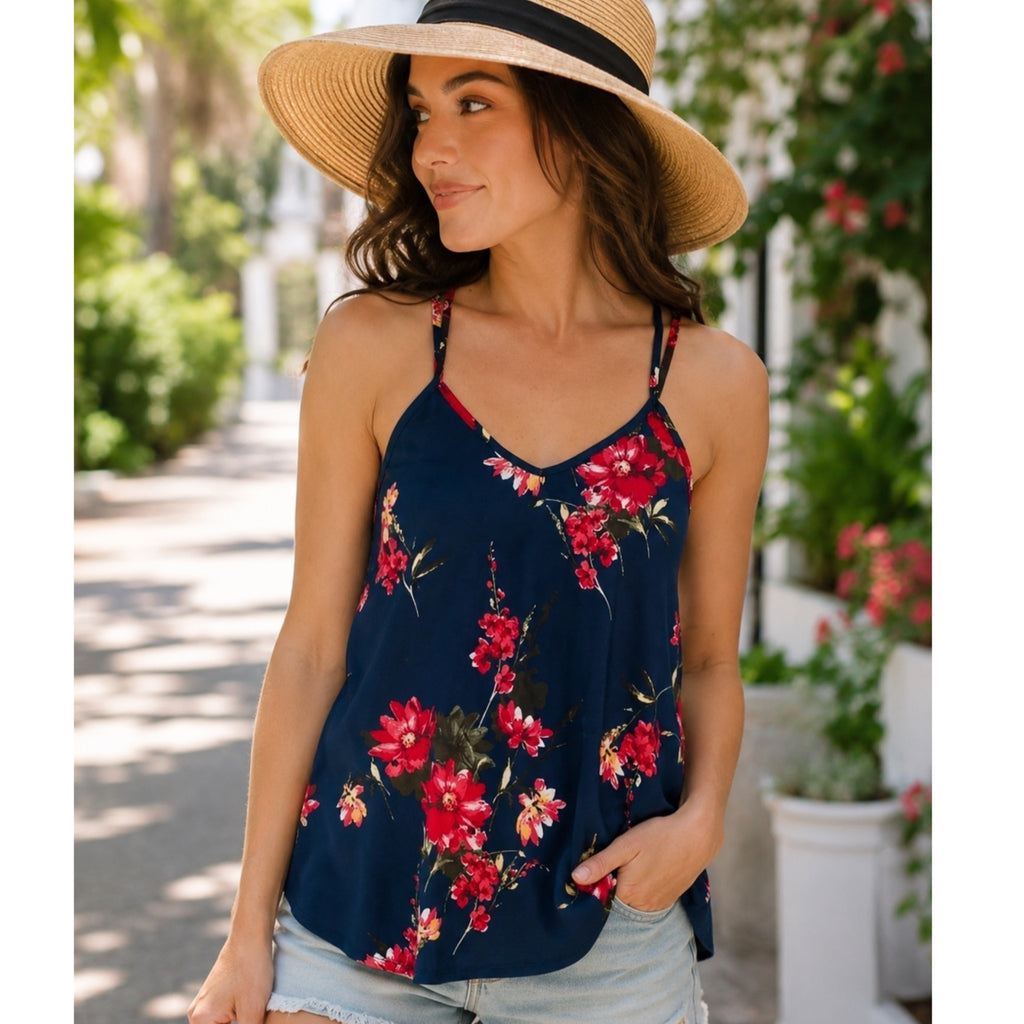 Papermoon Navy Floral Strappy Sleeveless Tank Top Cami Size 1X