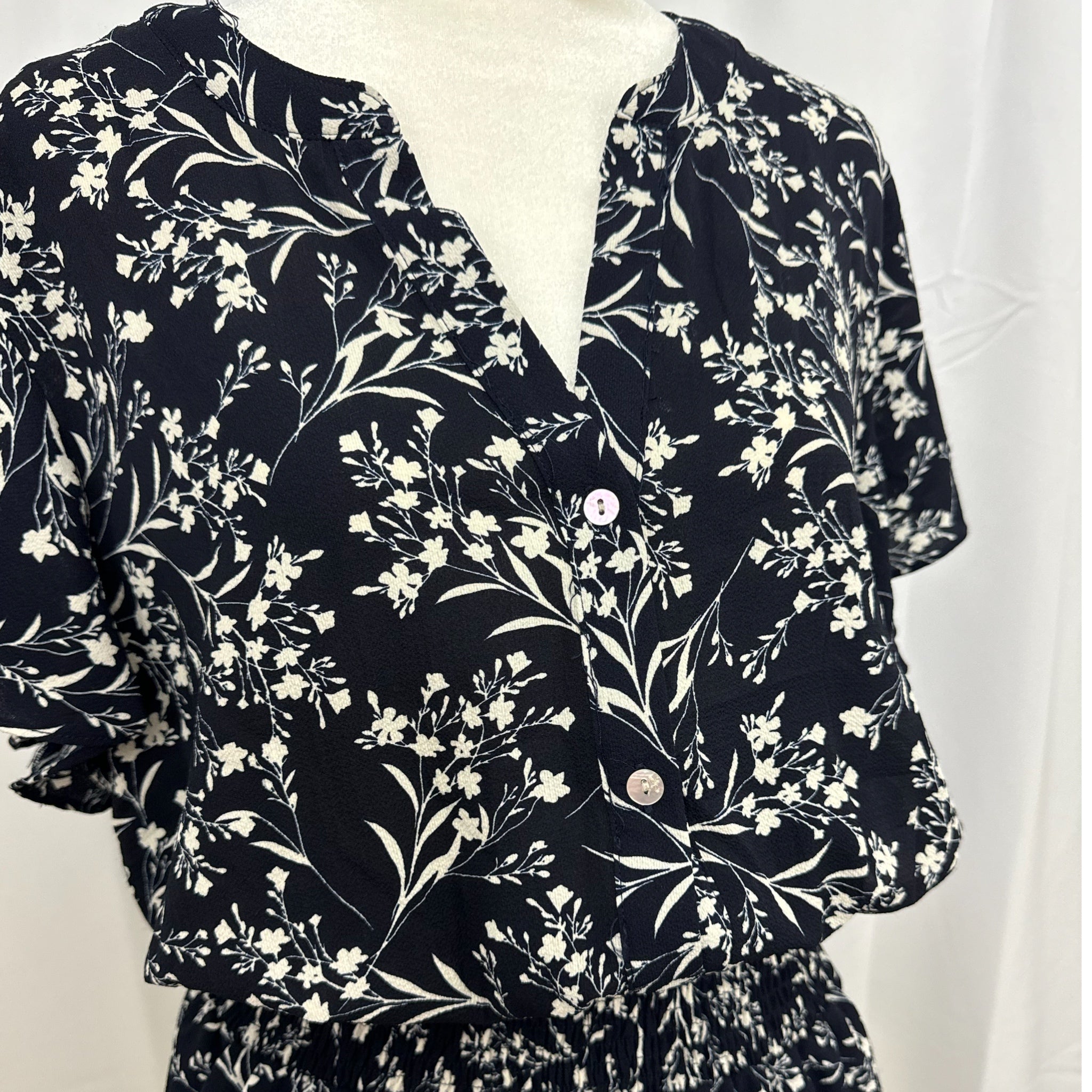 KATE & LILY Navy Floral Ruffle Dress Women’s Short Sleeve Button Front