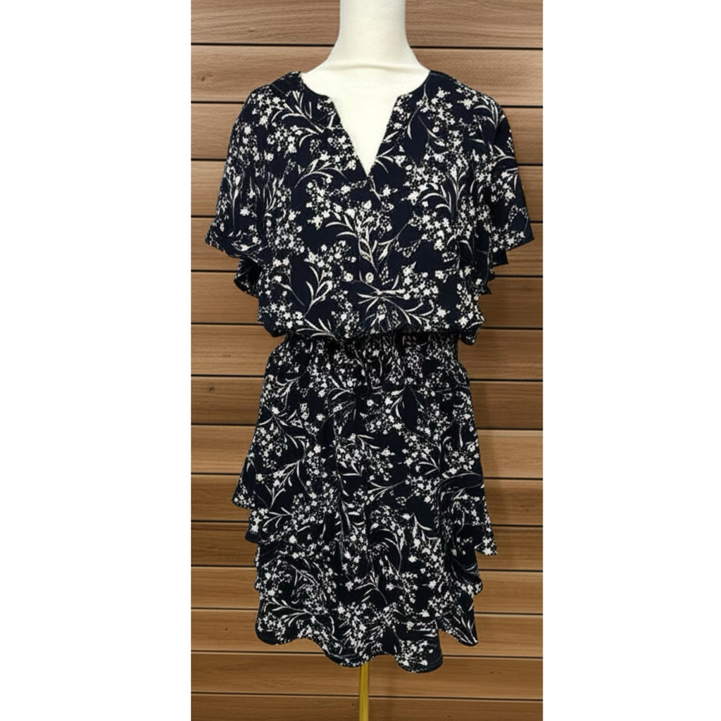 KATE & LILY Navy Floral Ruffle Dress Women’s Short Sleeve Button Front