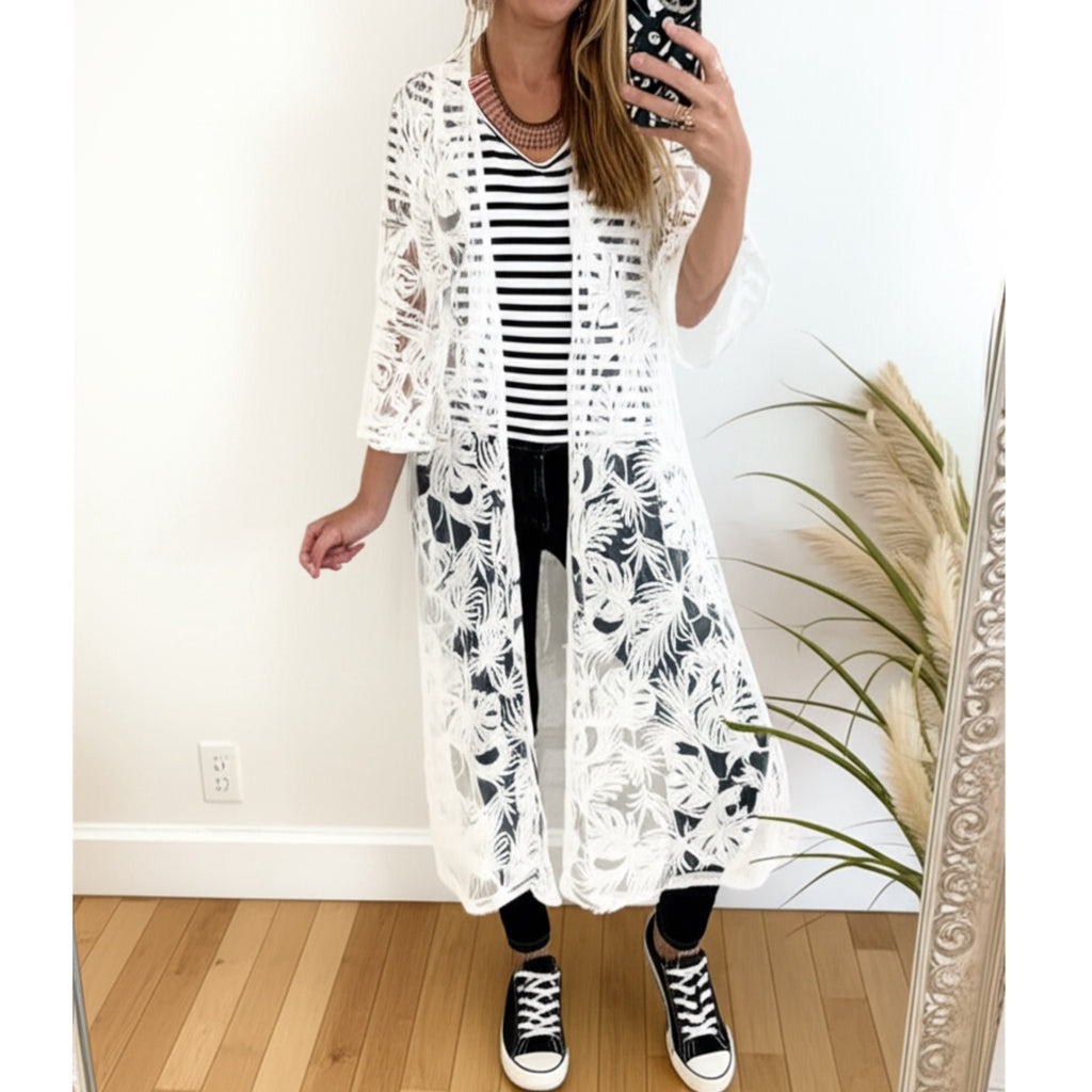 AMBER SKIES Women’s White Lace Kimono Tropical Leaf Design Resort Wear