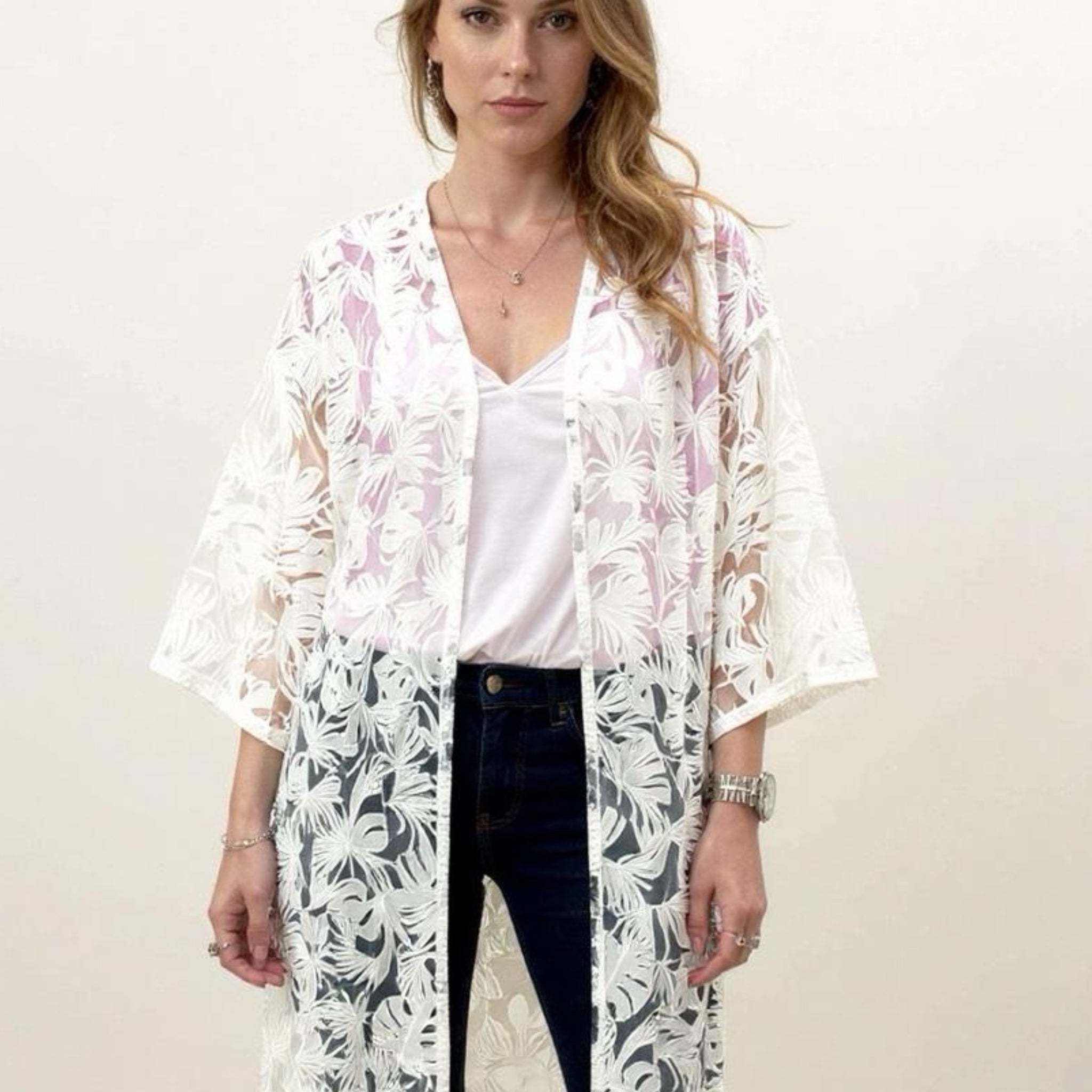AMBER SKIES Women’s White Lace Kimono Tropical Leaf Design Resort Wear