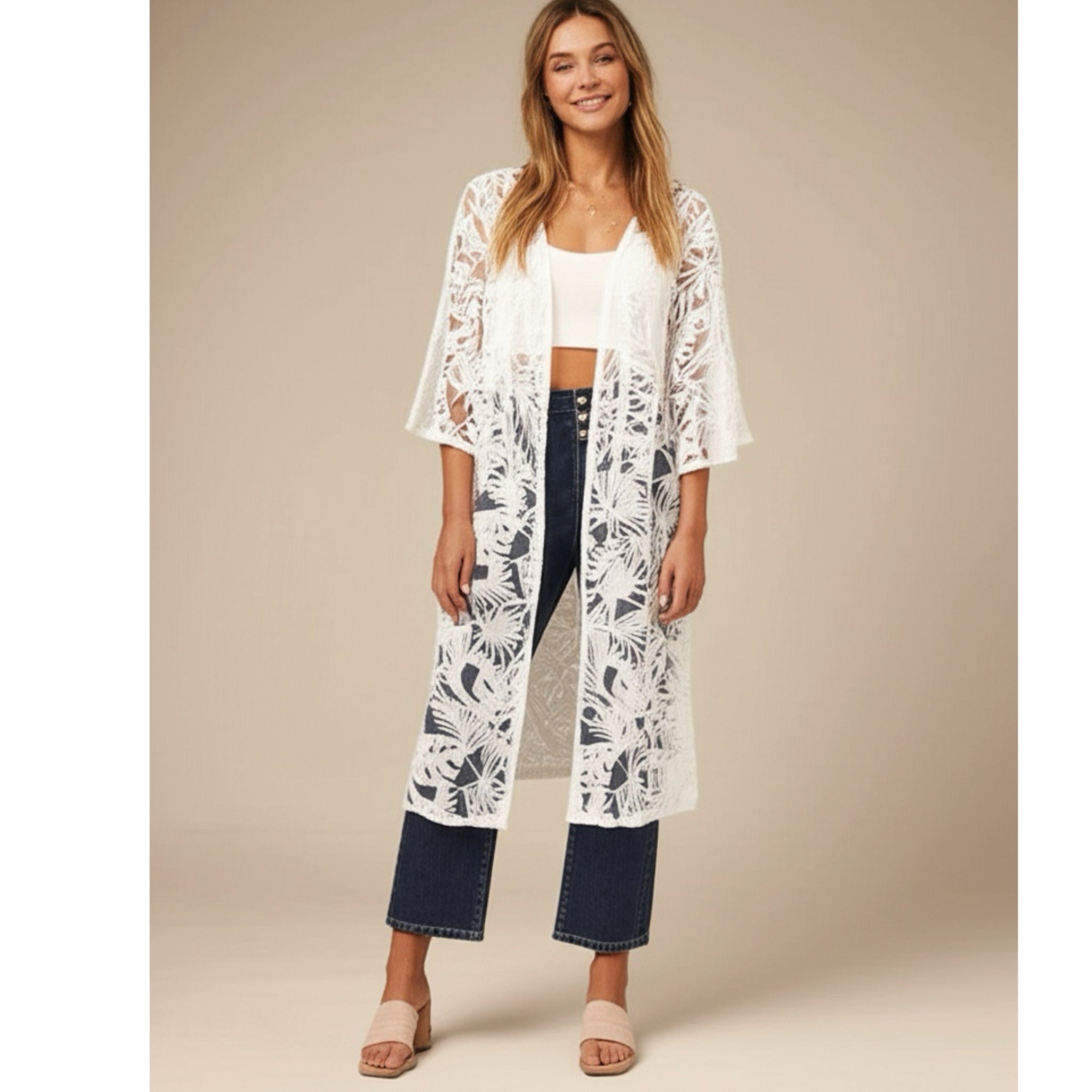 AMBER SKIES Women’s White Lace Kimono Tropical Leaf Design Resort Wear