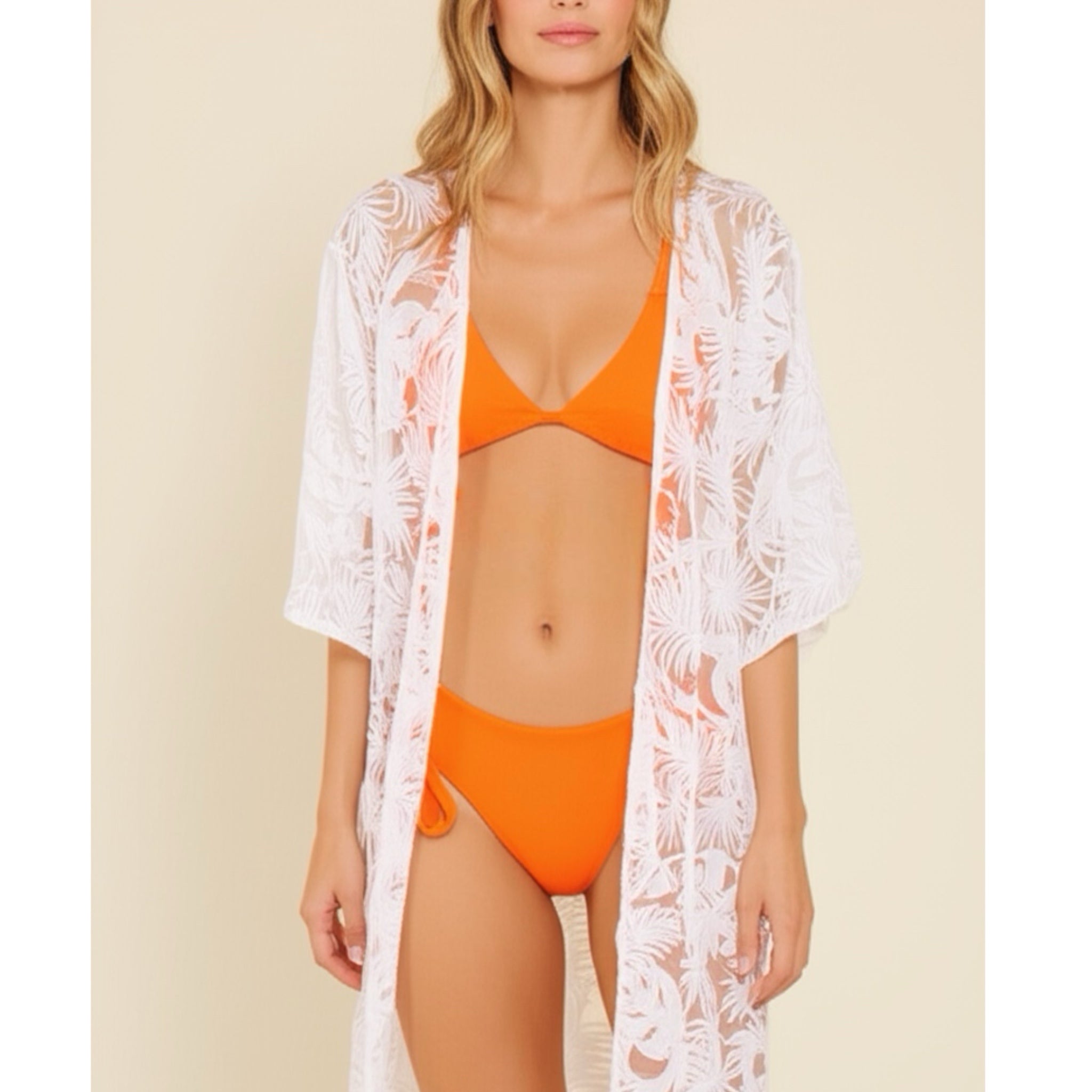 AMBER SKIES Women’s White Lace Kimono Tropical Leaf Design Resort Wear
