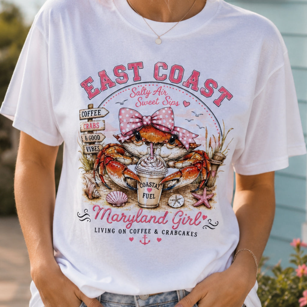 East Coast Crab Graphic T-Shirt Maryland Girl Coastal Coffee Tee