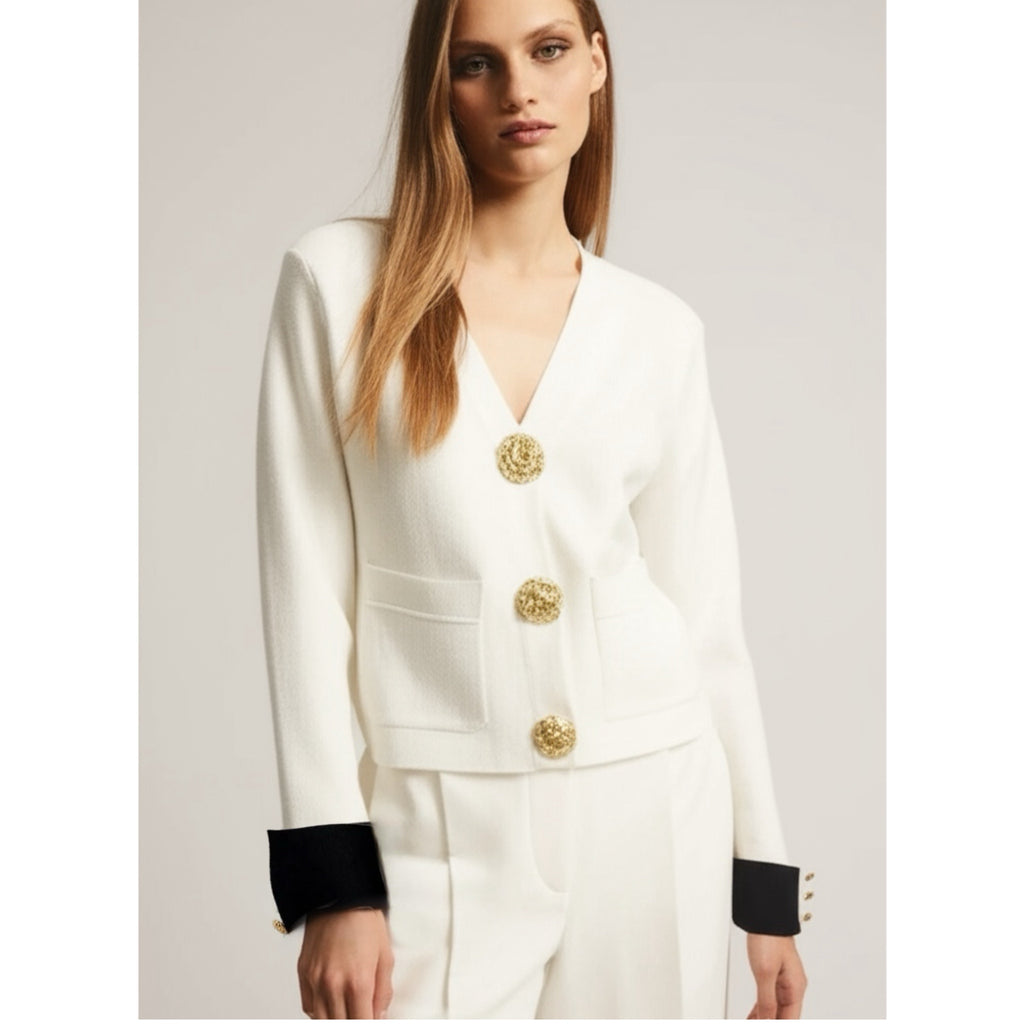 Diana Cardigan Knit Contrast Cuff Large Gold Snap Buttons Cream or Black