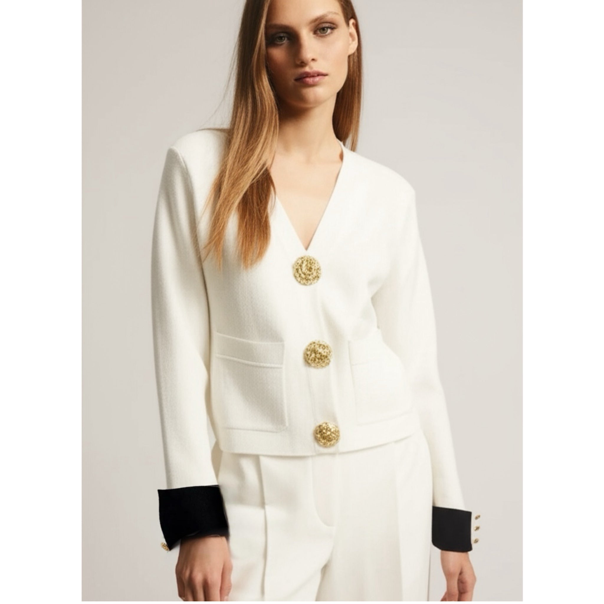 Diana Cardigan Knit Contrast Cuff Large Gold Snap Buttons Cream or Black