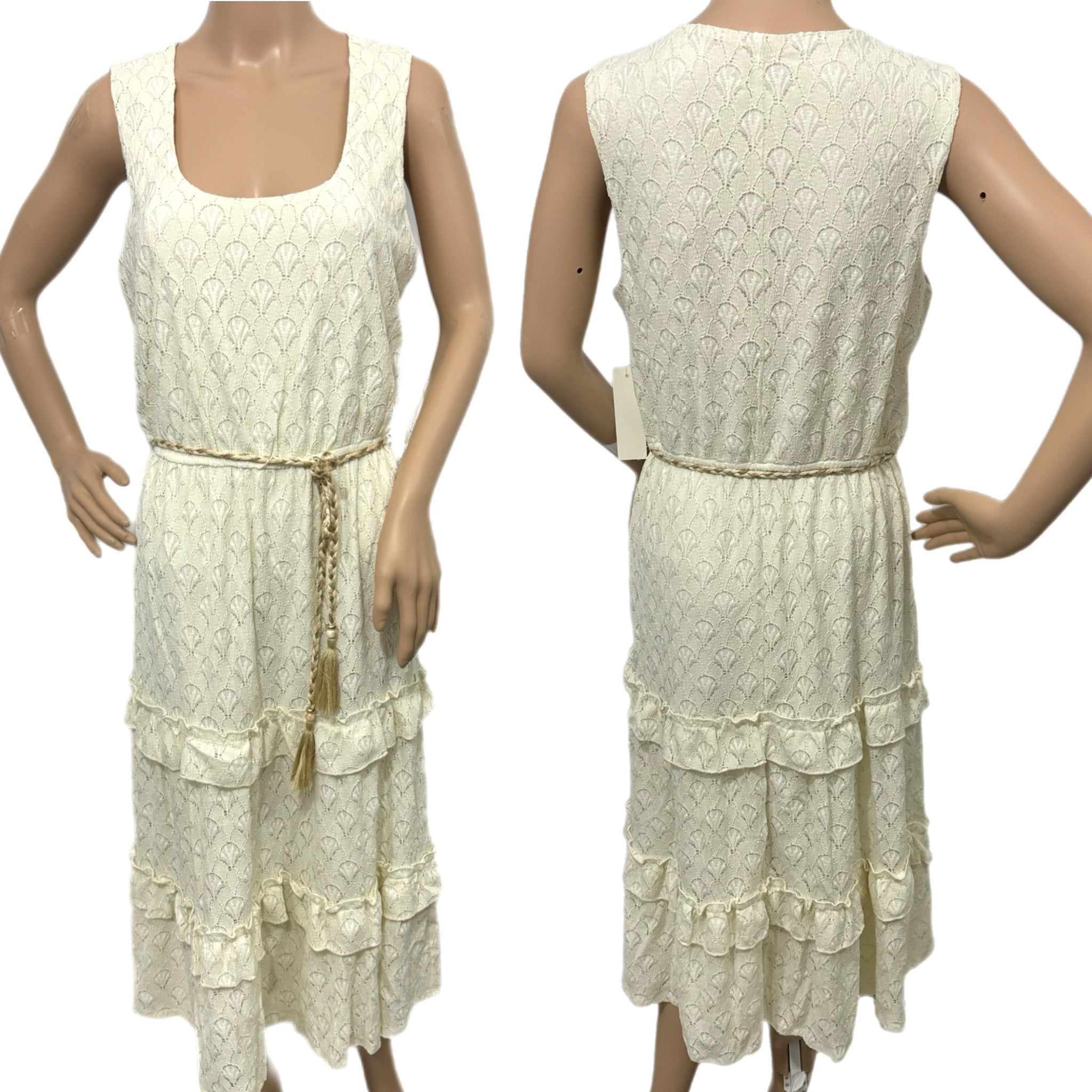 KATE AND LILY Women’s Lace Boho Daydream Midi Dress Sleeveless Cream Ruffle