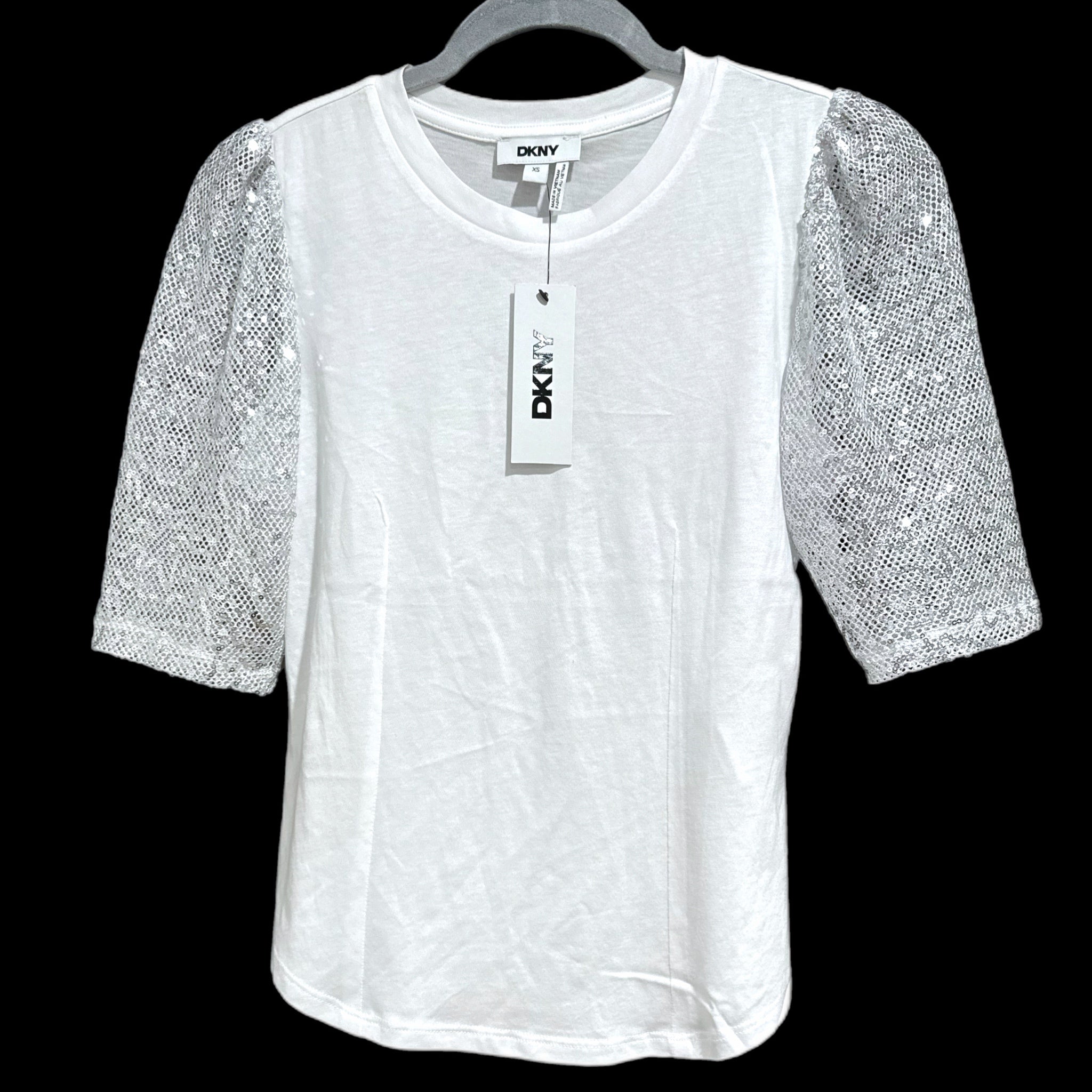 DKNY White Blouse Mesh Sequin Half Sleeve Crew Neck
