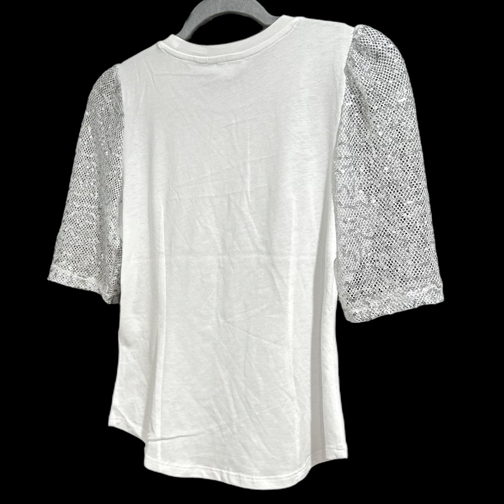 DKNY White Blouse Mesh Sequin Half Sleeve Crew Neck