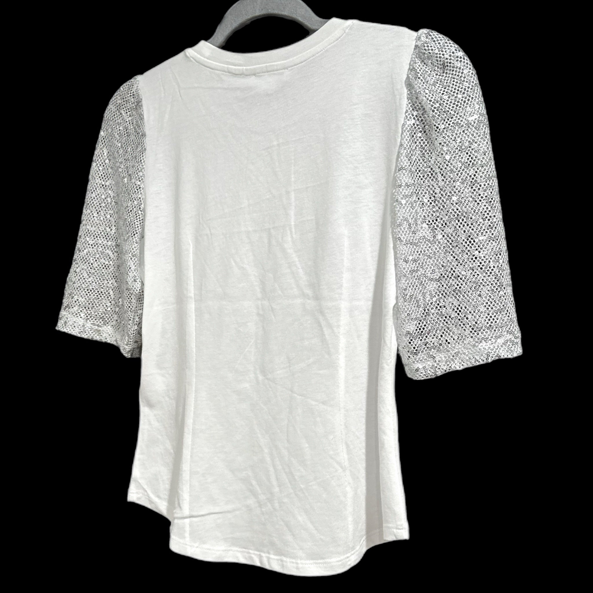 DKNY White Blouse Mesh Sequin Half Sleeve Crew Neck
