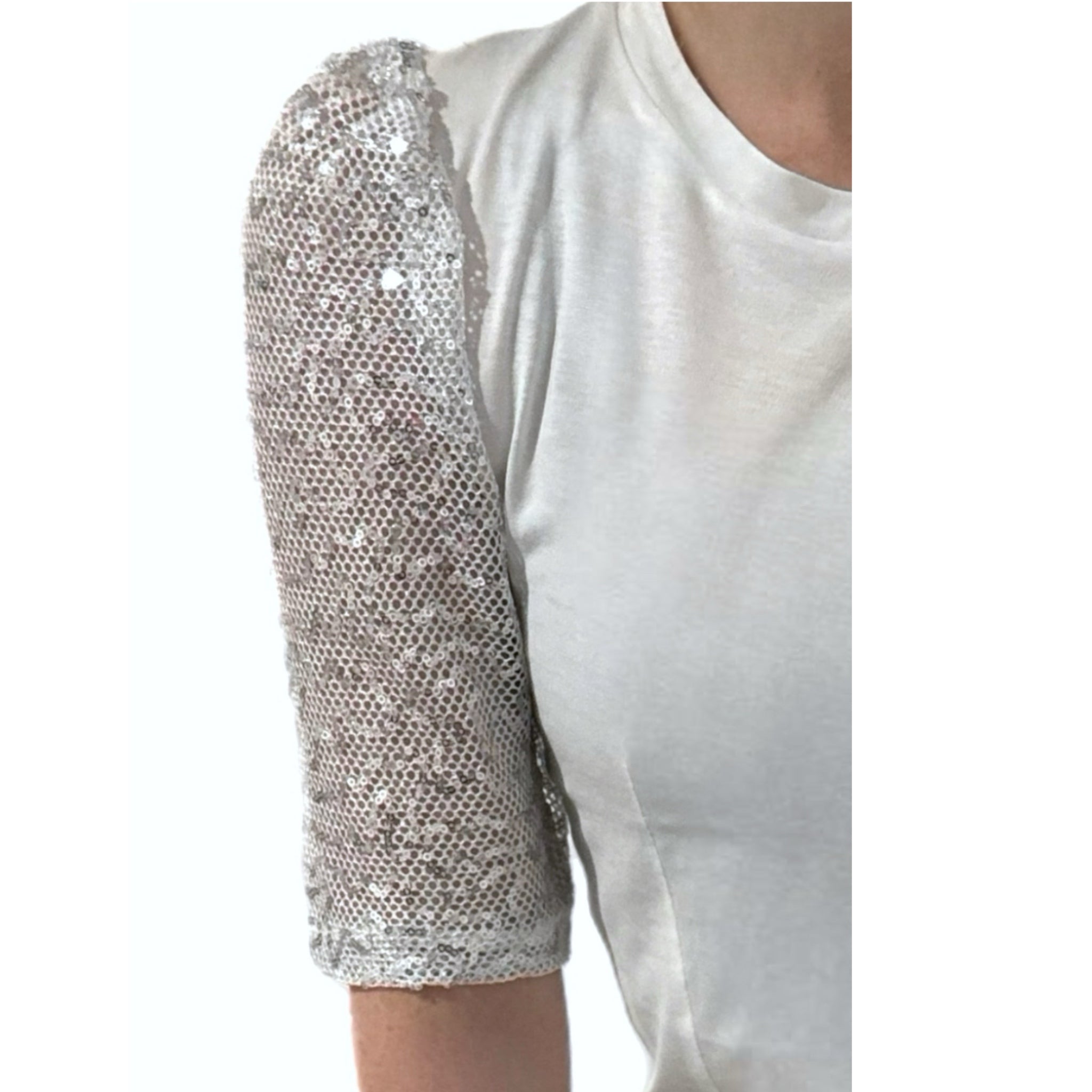 DKNY White Blouse Mesh Sequin Half Sleeve Crew Neck