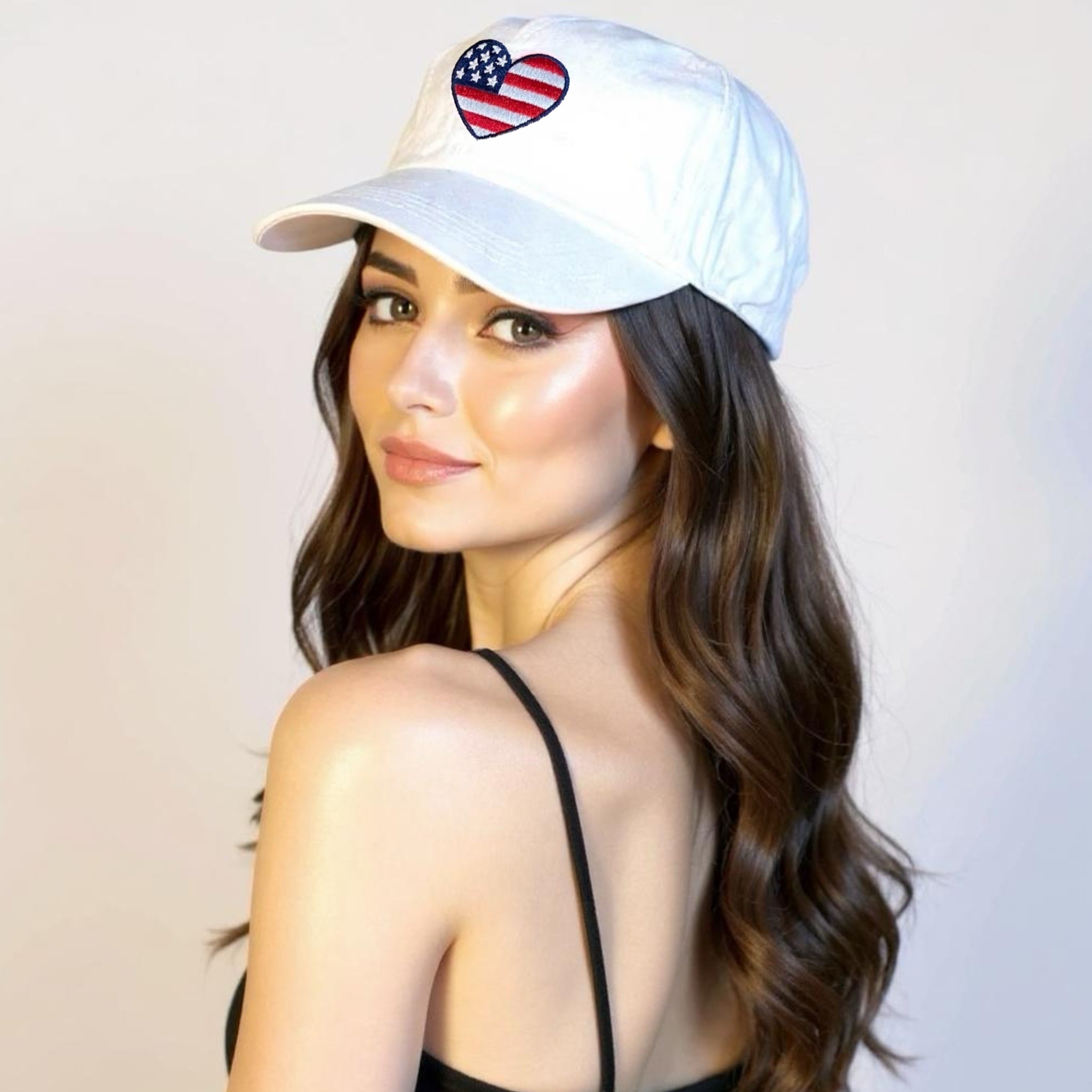 American Flag Embroidered Heart White Baseball Cap