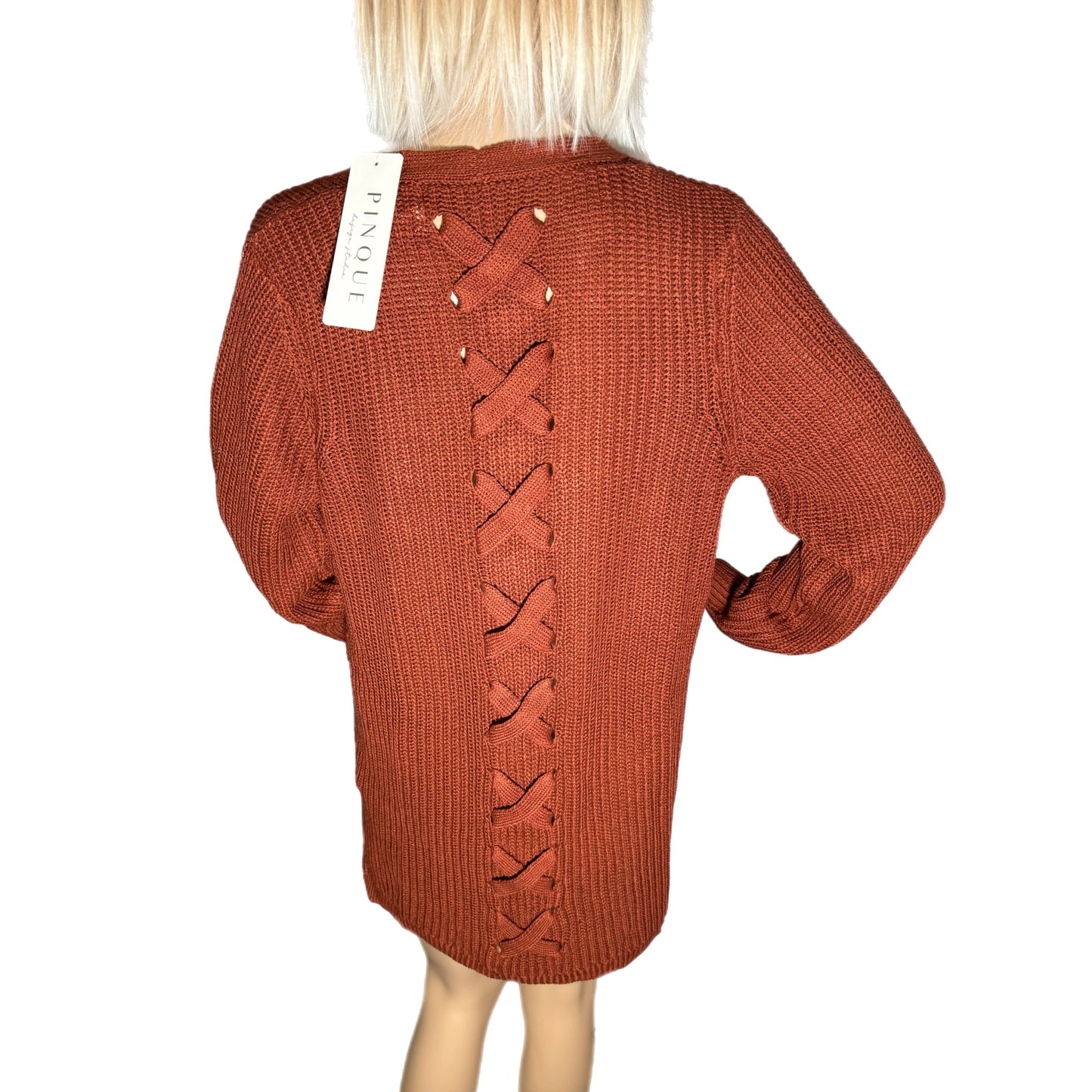 Pinque Jamelya Criss Cross Back Knit Cardigan Sweater in Artisan Rust