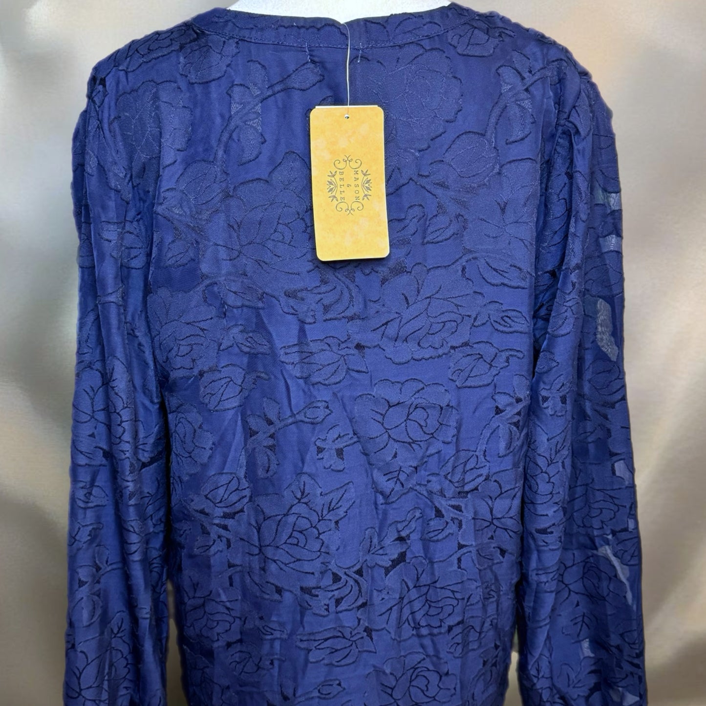 MASON & BELLE Boutique Top Navy Lace Blouse Long Sleeve Cinched Waist