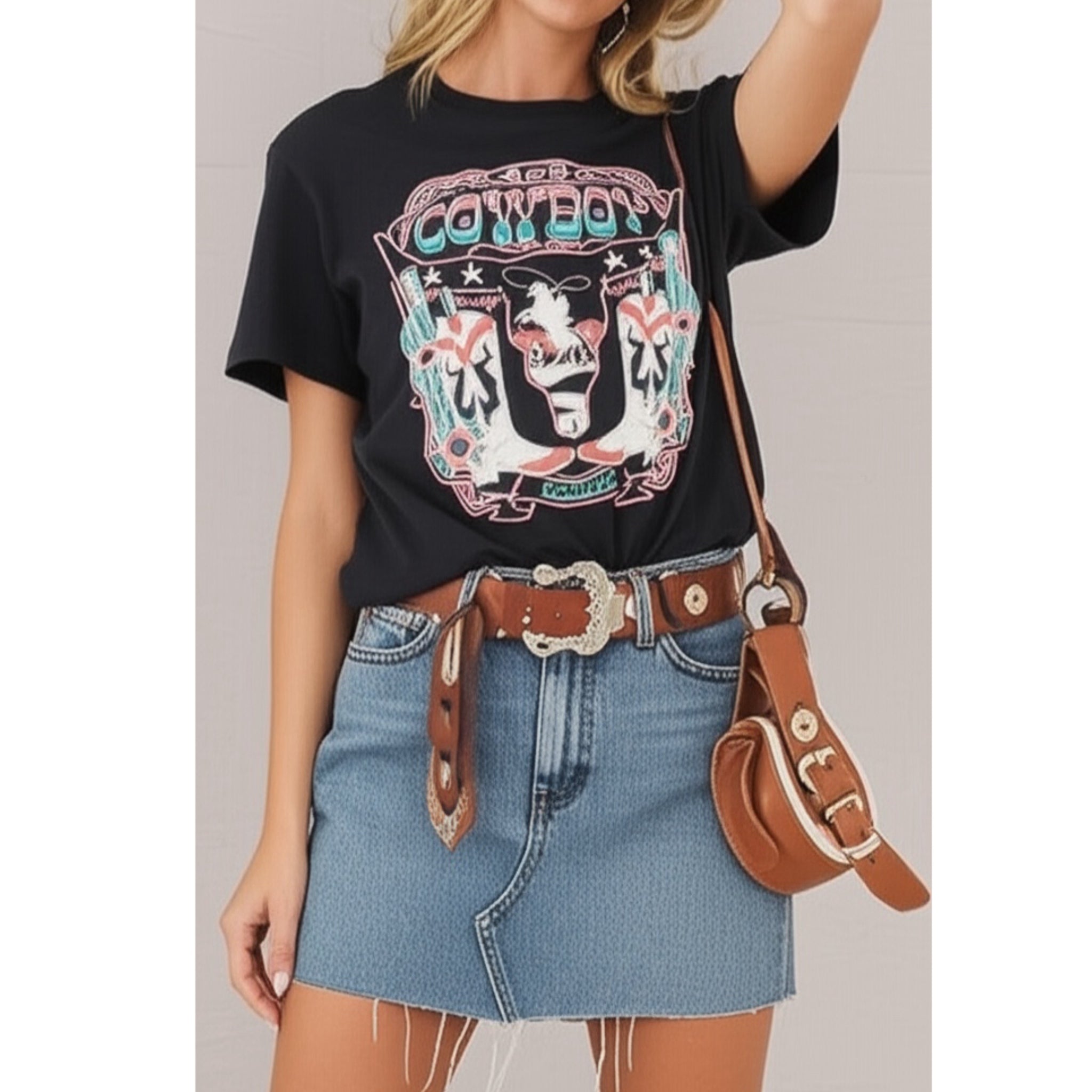 Black 100% Cotton Cowboy Longhorn Graphic T Shirt Round Neck
