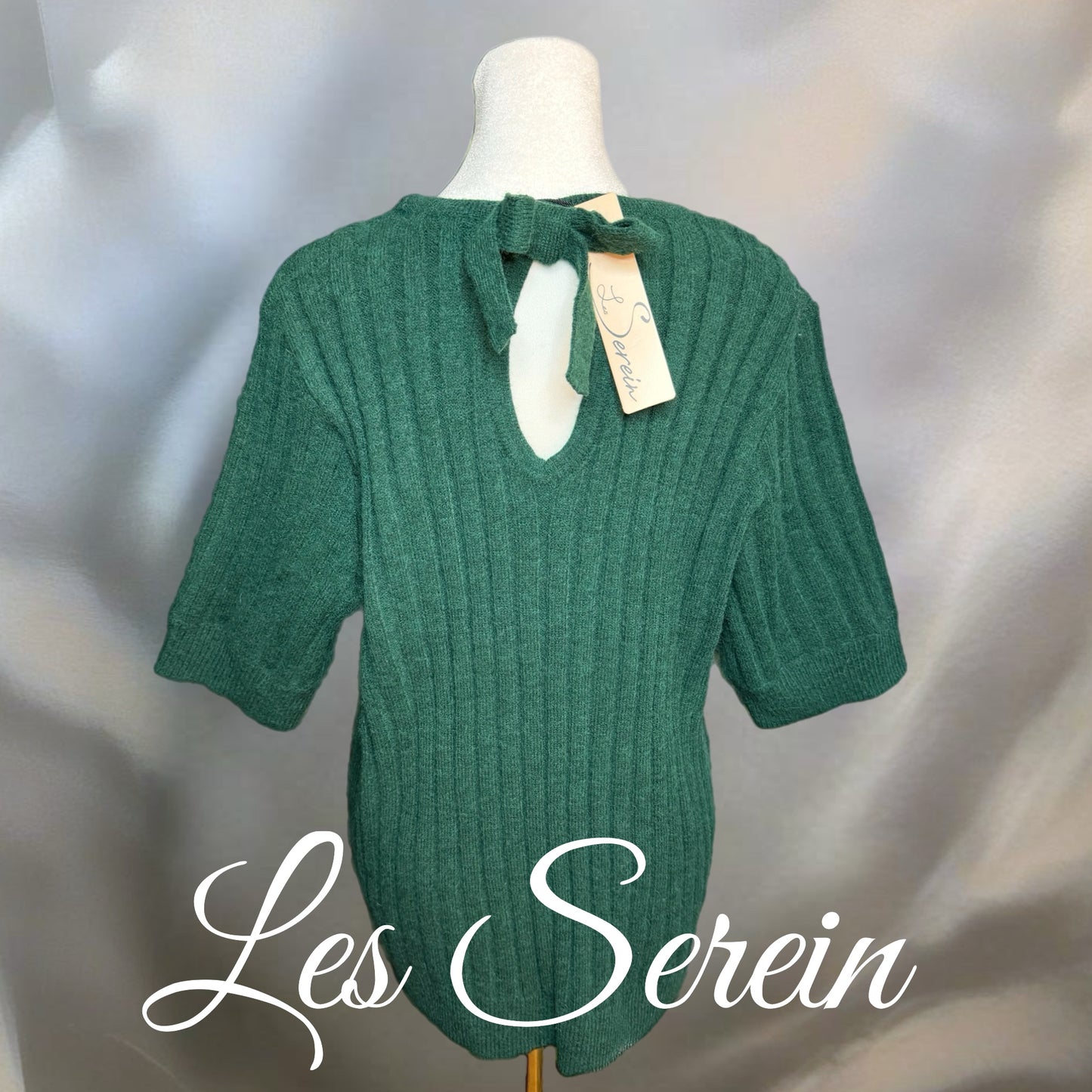 Les Serein Ribbed Short Sleeve Sweater Keyhole Tie Back Pine Green