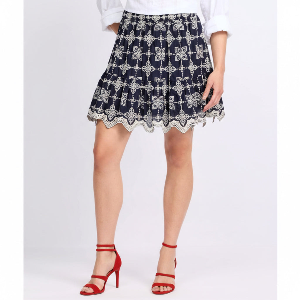 SKIES ARE BLUE Cotton Embroidered Ruffle Hem Skirt in Navy