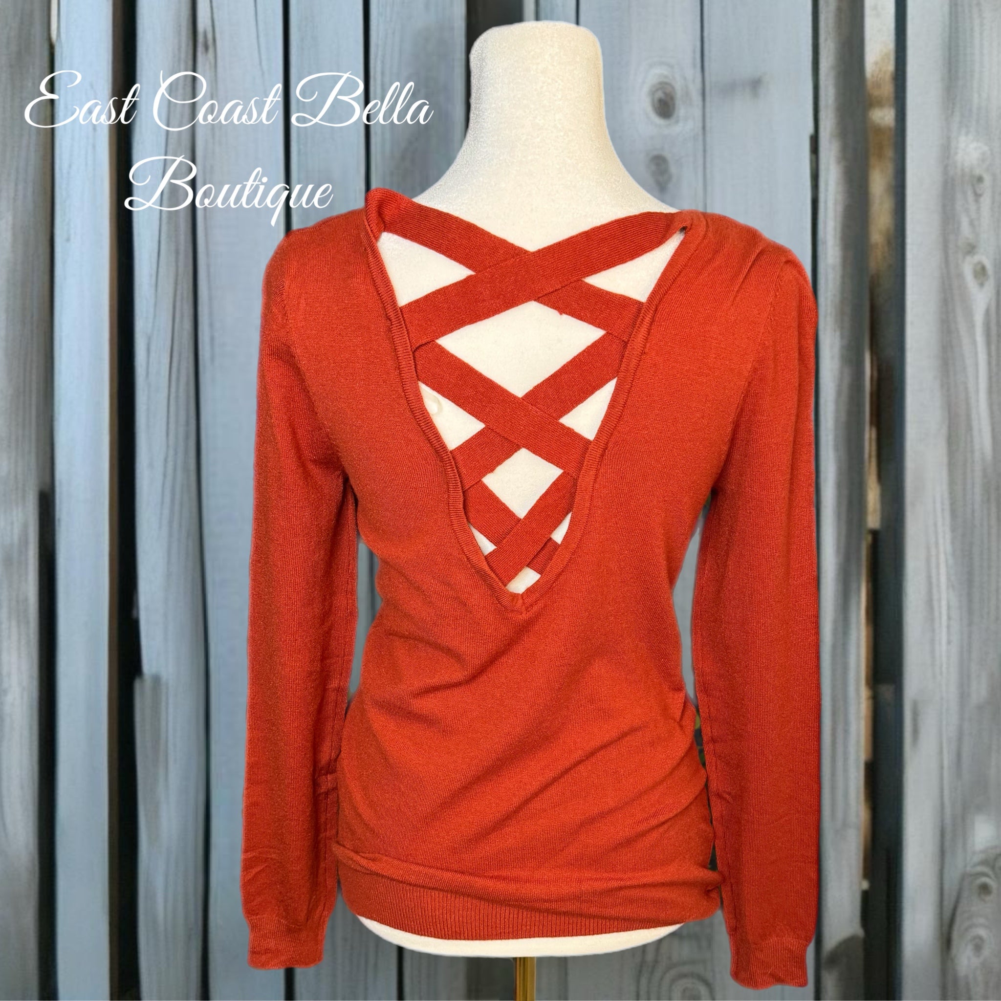 LOVE ELLIE Stitch Fix V Neck Light Sweater Crisscross in Autumn Rust