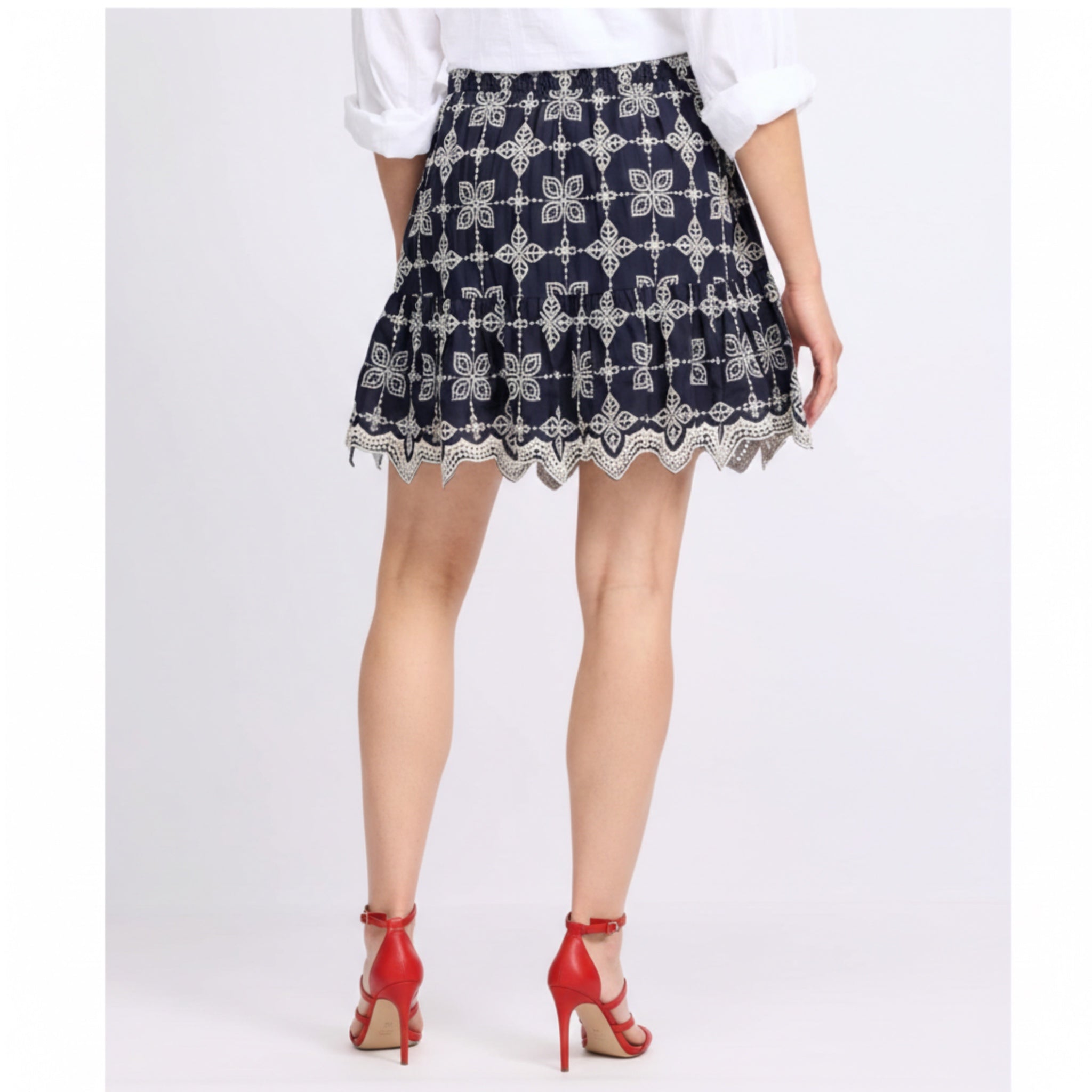 SKIES ARE BLUE Cotton Embroidered Ruffle Hem Skirt in Navy