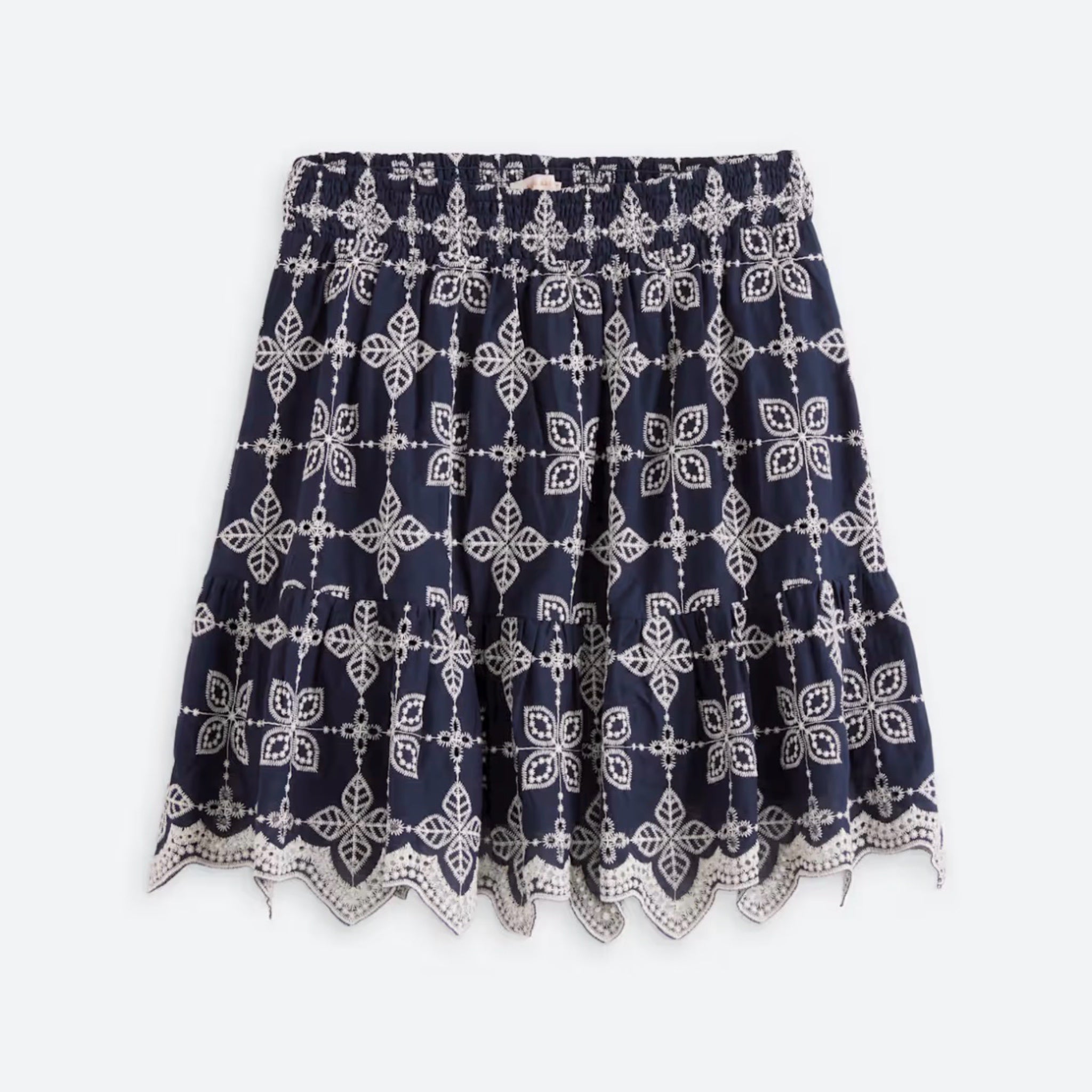 SKIES ARE BLUE Cotton Embroidered Ruffle Hem Skirt in Navy
