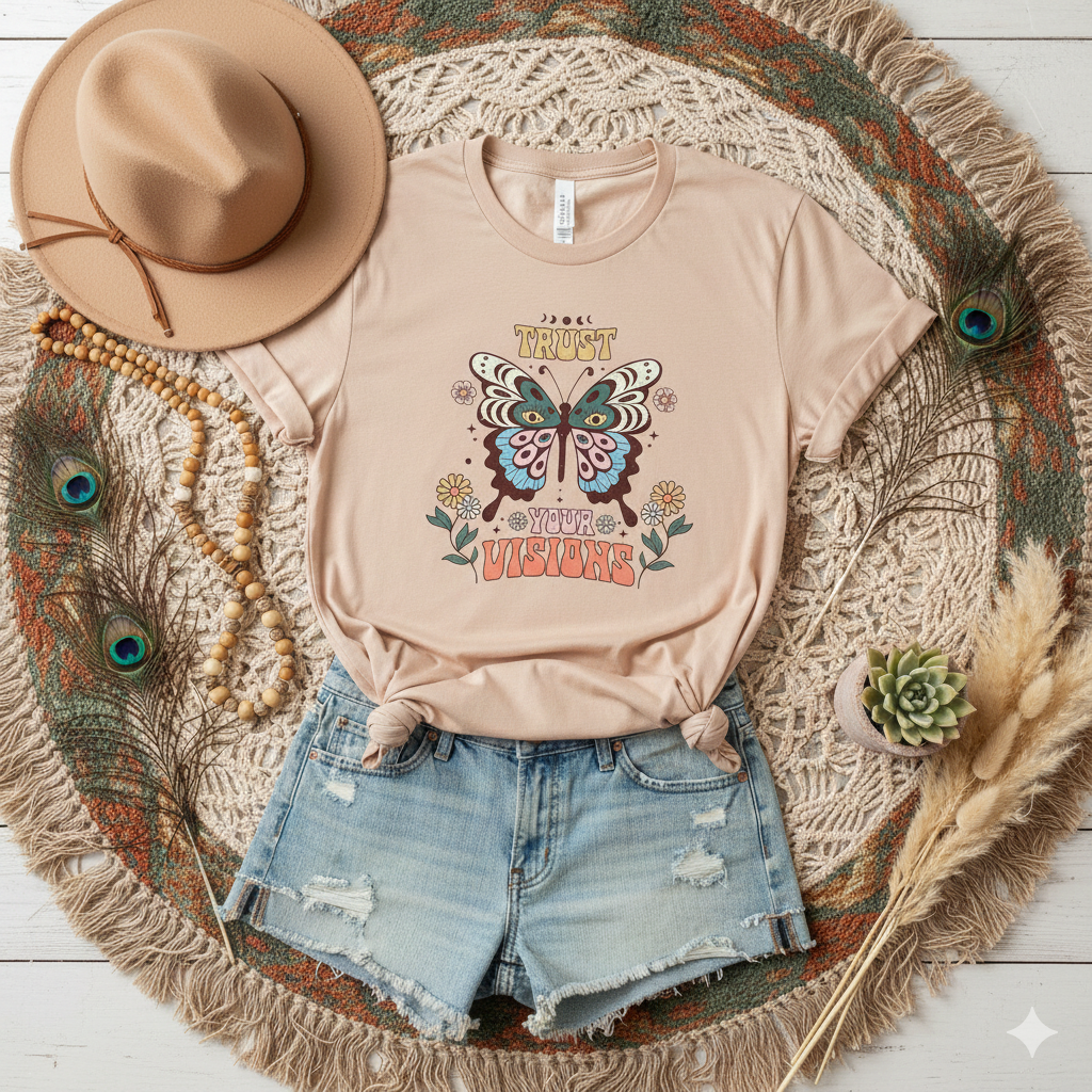 Boho Butterfly Graphic Tee Trust Your Visions Vintage Style Pink Cotton- GILDAN