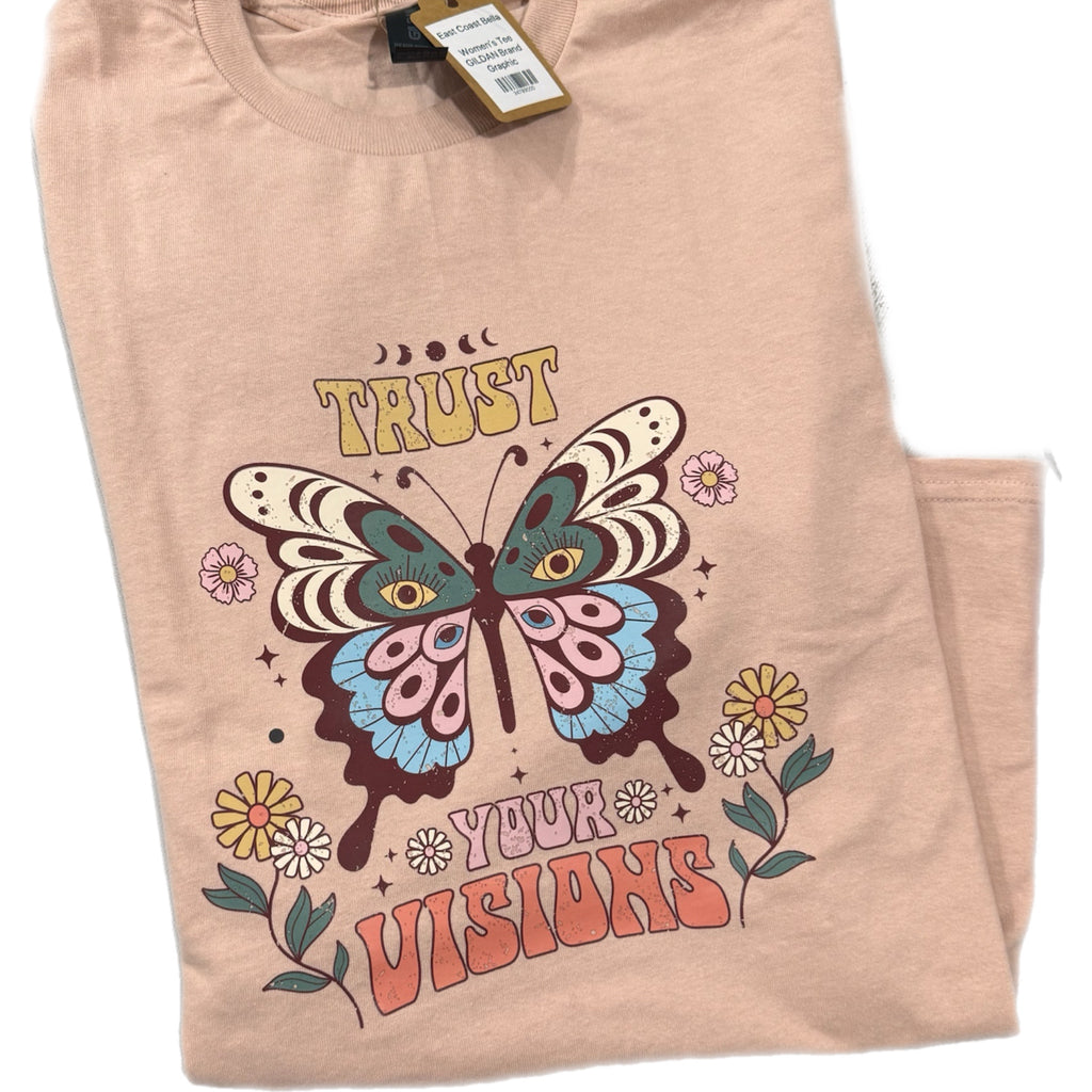 Boho Butterfly Graphic Tee Trust Your Visions Vintage Style Pink Cotton- GILDAN