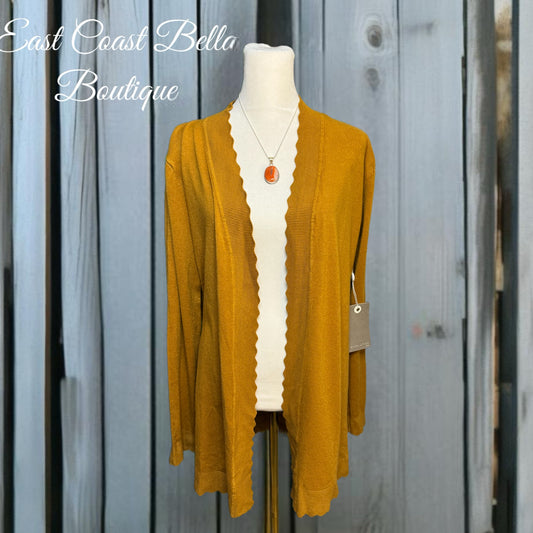 Evolution by Cyrus Scallop Hem Mustard Cardigan Sweater