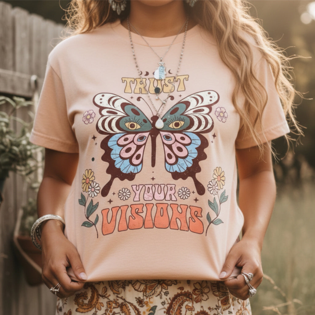 Boho Butterfly Graphic Tee Trust Your Visions Vintage Style Pink Cotton- GILDAN