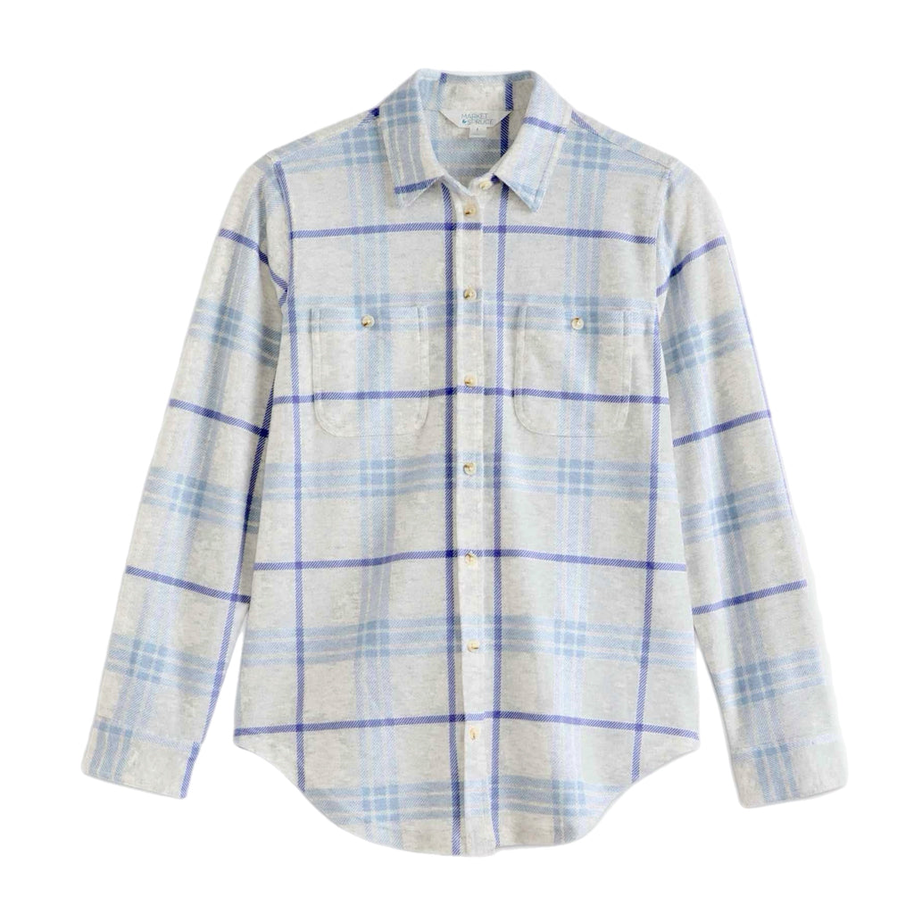 MARKET & SPRUCE EMILIE Knit Button Down Shirt Plaid Shirt in Light Gray