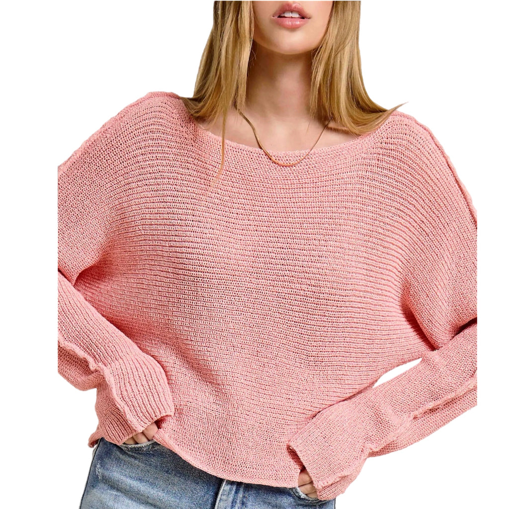 LA MIEL Dusty Rose Pink Knit Sweater Cropped Boat Neck Long Sleeve