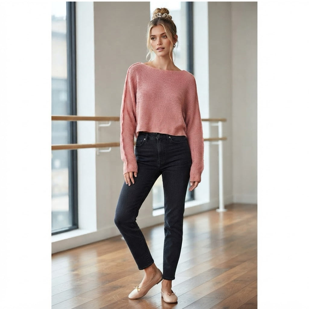 LA MIEL Dusty Rose Pink Knit Sweater Cropped Boat Neck Long Sleeve