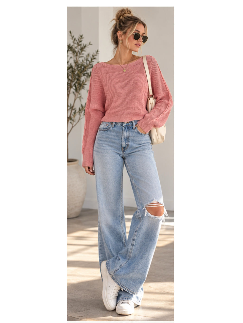LA MIEL Dusty Rose Pink Knit Sweater Cropped Boat Neck Long Sleeve