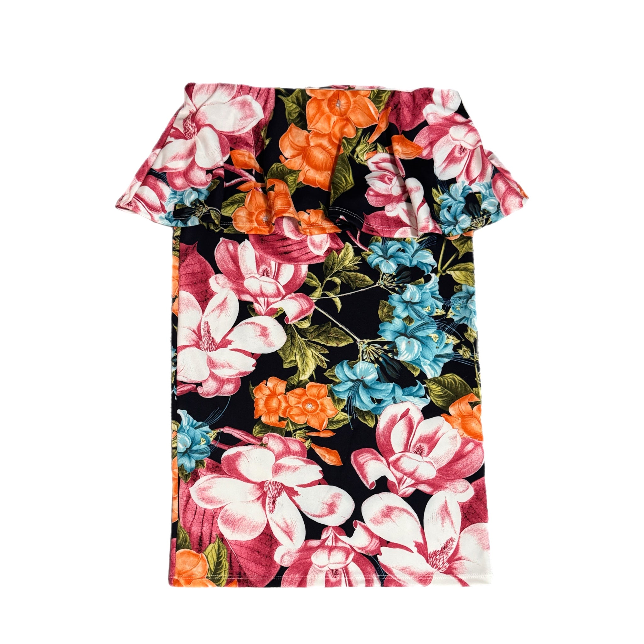 Botanical Bliss Peplum Midi Skirt Ultra-Stretch Floral Pencil Cut in Navy Multi