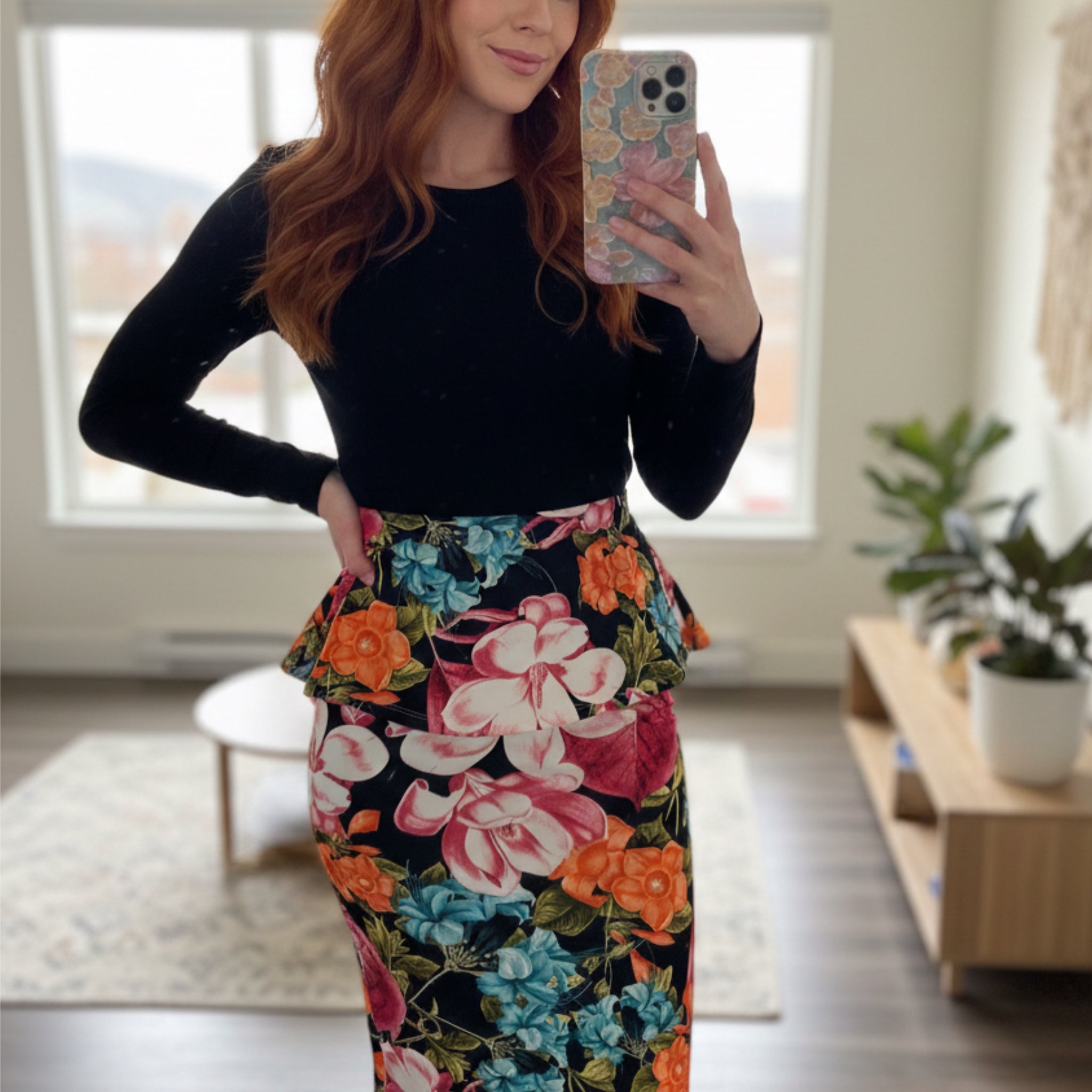 Botanical Bliss Peplum Midi Skirt Ultra-Stretch Floral Pencil Cut in Navy Multi