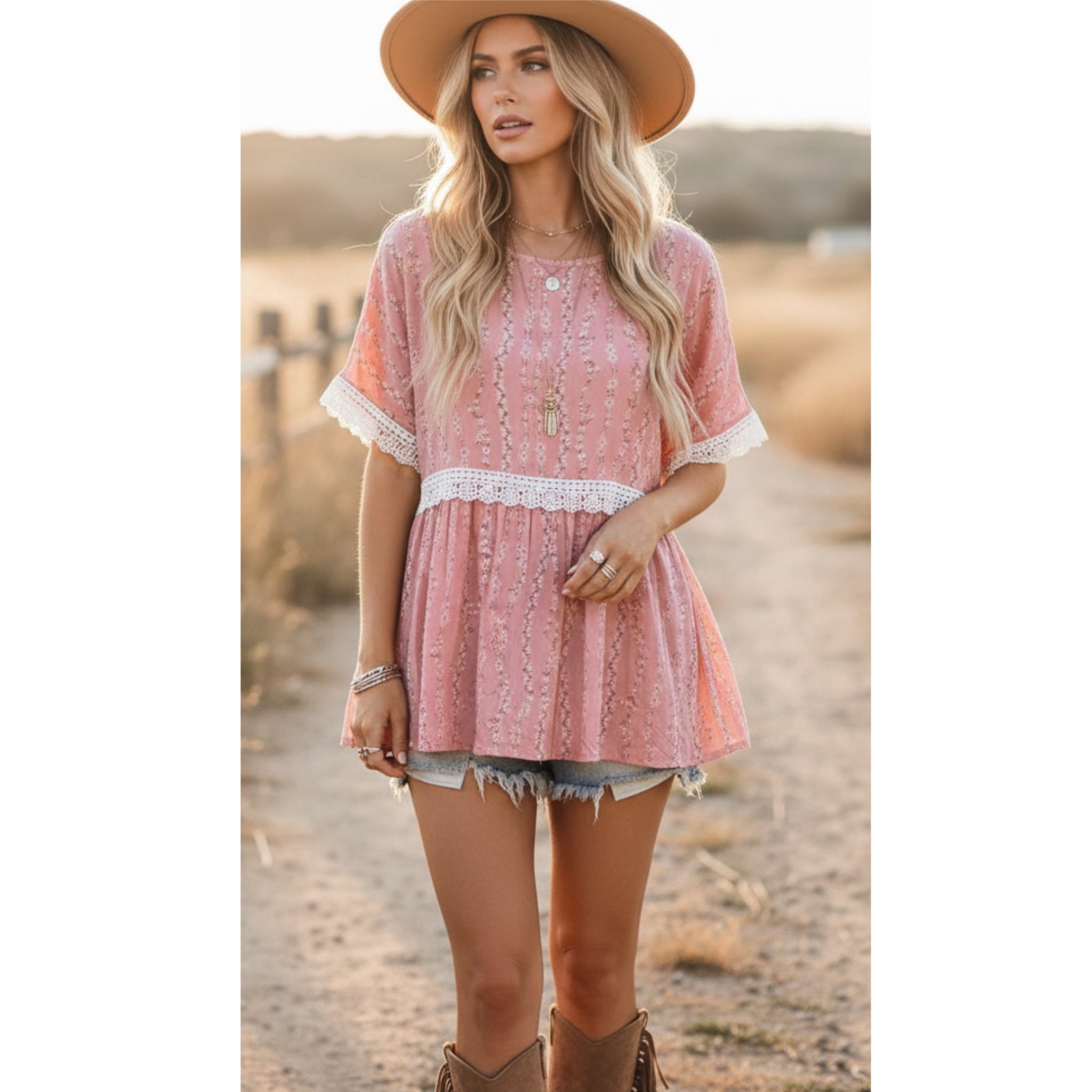 HAPTICS Pink Coral Floral Cottage Crochet Short Sleeve Blouse Top