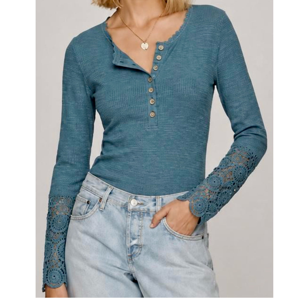 Boho Chic Rib-Knit Henley Top with Lace Sleeves in Slate Blue