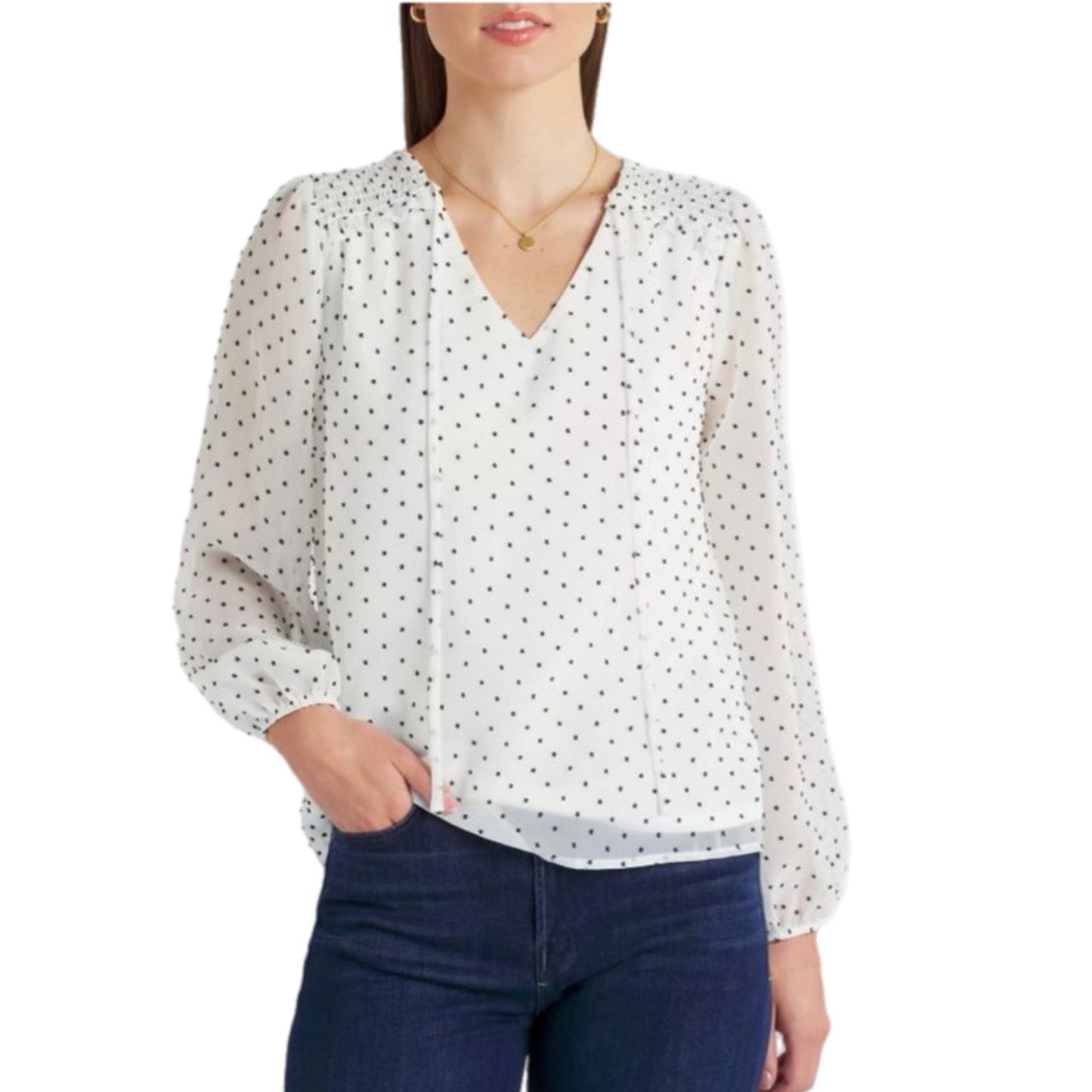 Beacon Apparel Collin’s Clip Dot V Neck Semi Sheer White Blouse Petite