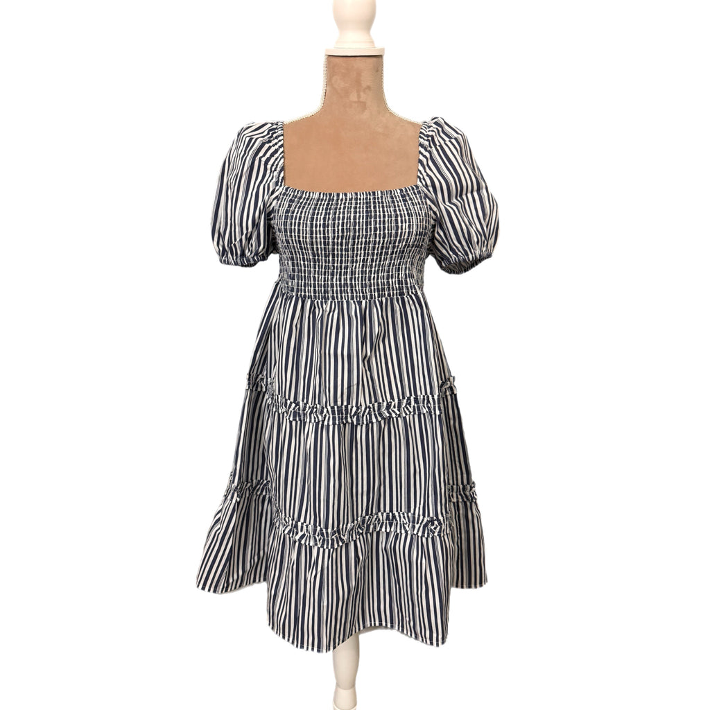 Influence Coastal Stripe Smocked Puff Sleeve Tiered Mini Dress