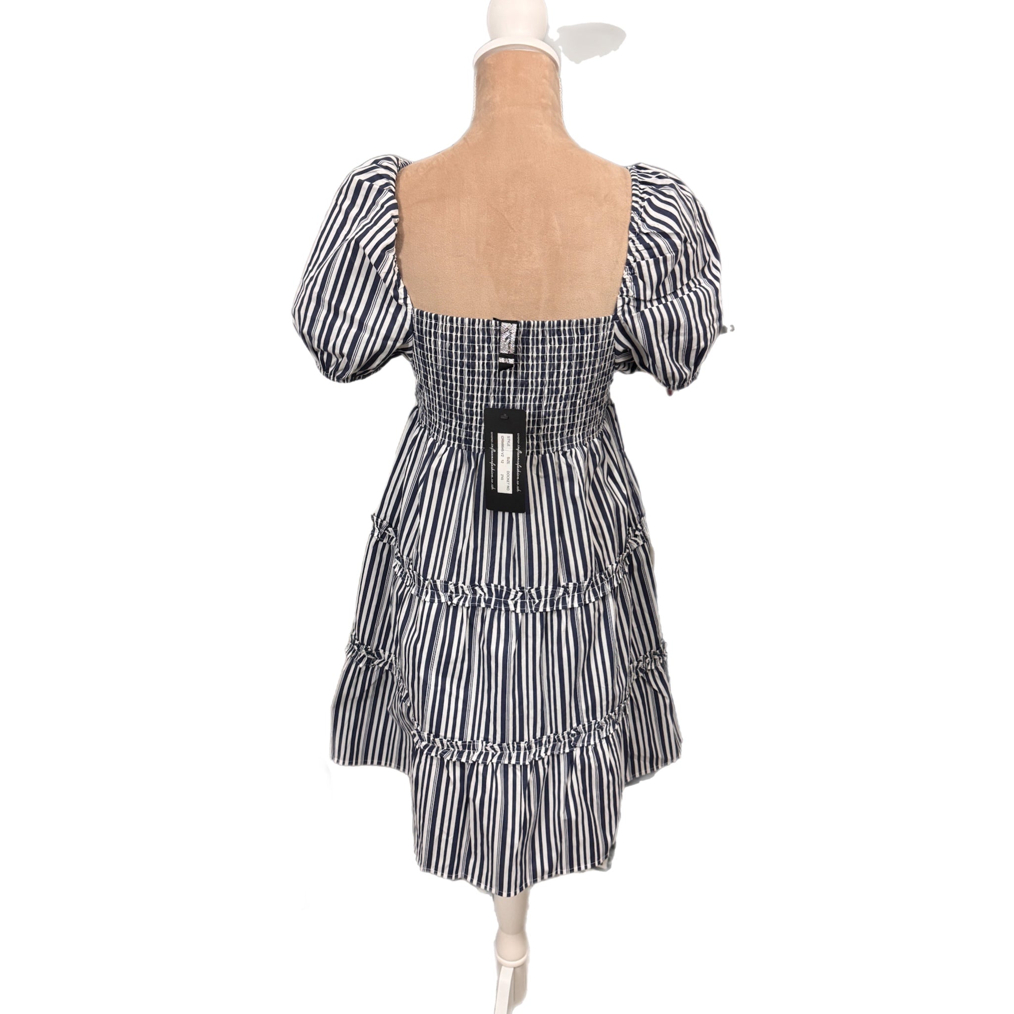 Influence Coastal Stripe Smocked Puff Sleeve Tiered Mini Dress