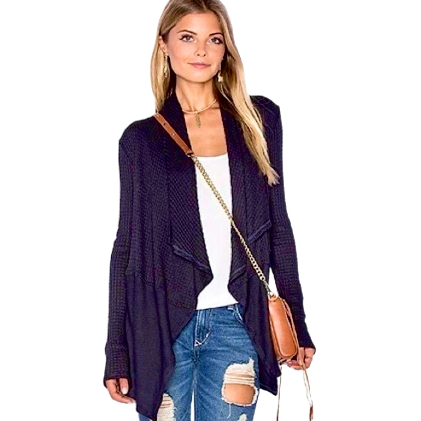 Velvet by Graham & Spencer Waffle Knit Cardigan Sweater in Navy