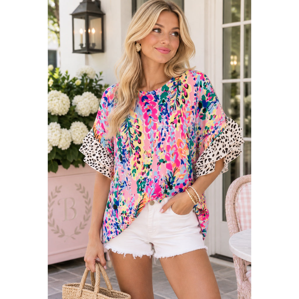 Beeson River Top Feeling Bold Fuchsia Floral Animal Print Ruffle Short Sleeve Blouse (S, M, L)