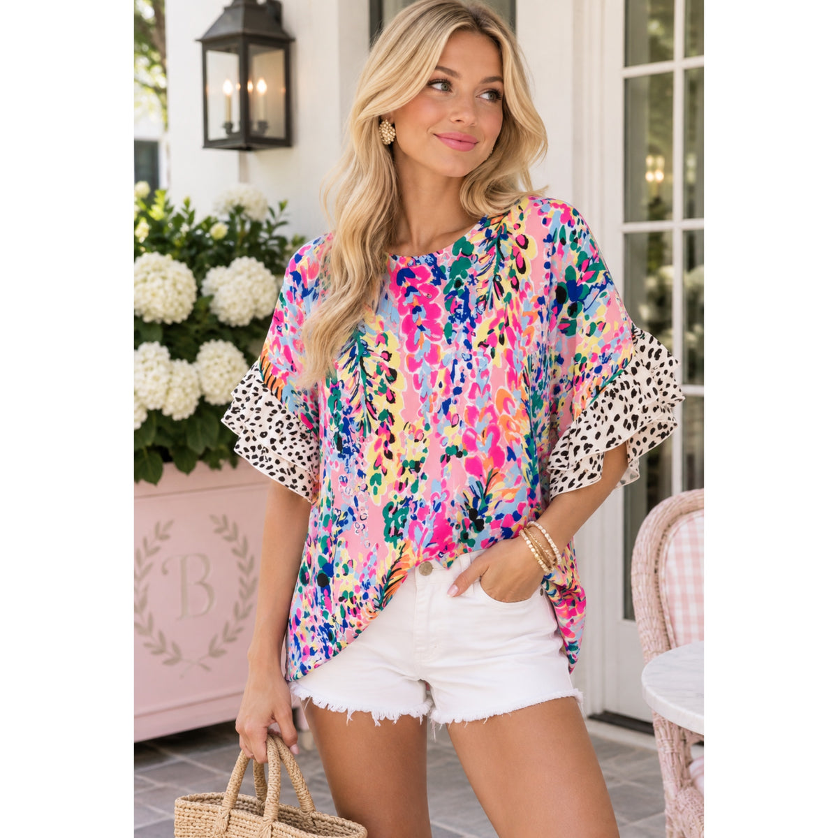 Beeson River Top Feeling Bold Fuchsia Floral Animal Print Ruffle Short Sleeve Blouse (S, M, L)