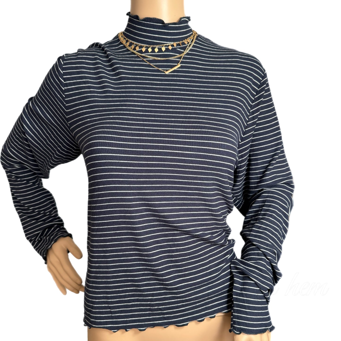 Flag & Anthem Boho Navy White Striped Top Mock Neck Long Sleeve Knit