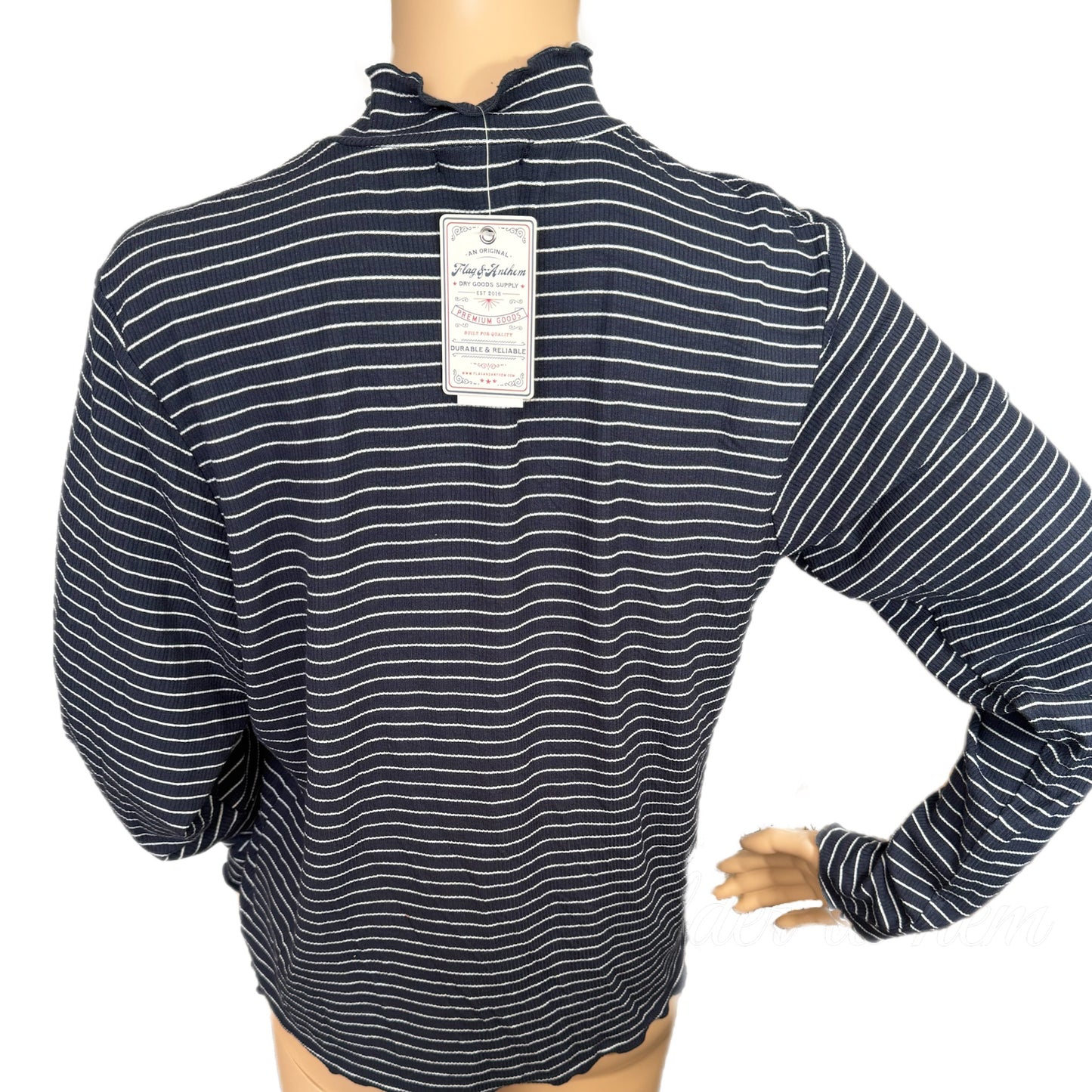 Flag & Anthem Boho Navy White Striped Top Mock Neck Long Sleeve Knit