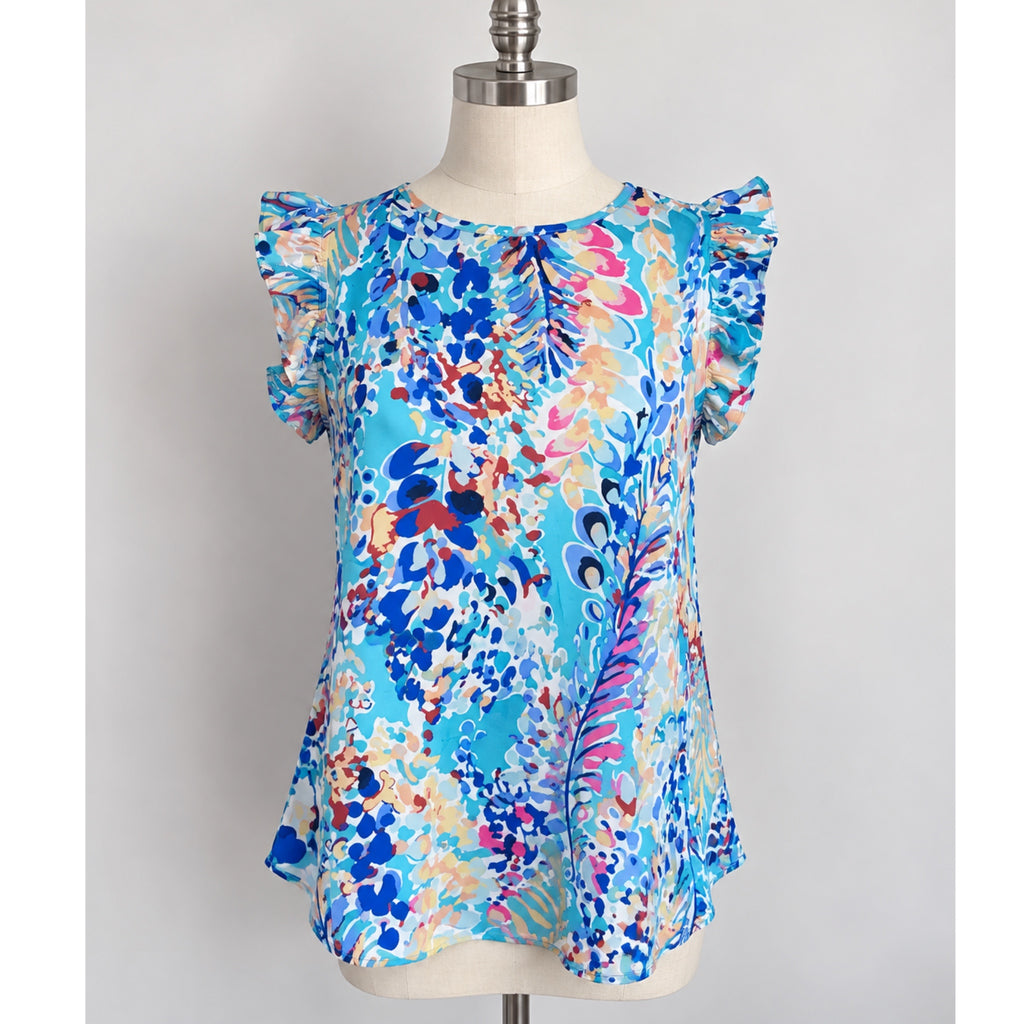 Floral Print Ruffle Sleeve Summer Top Coastal Blue Blouse