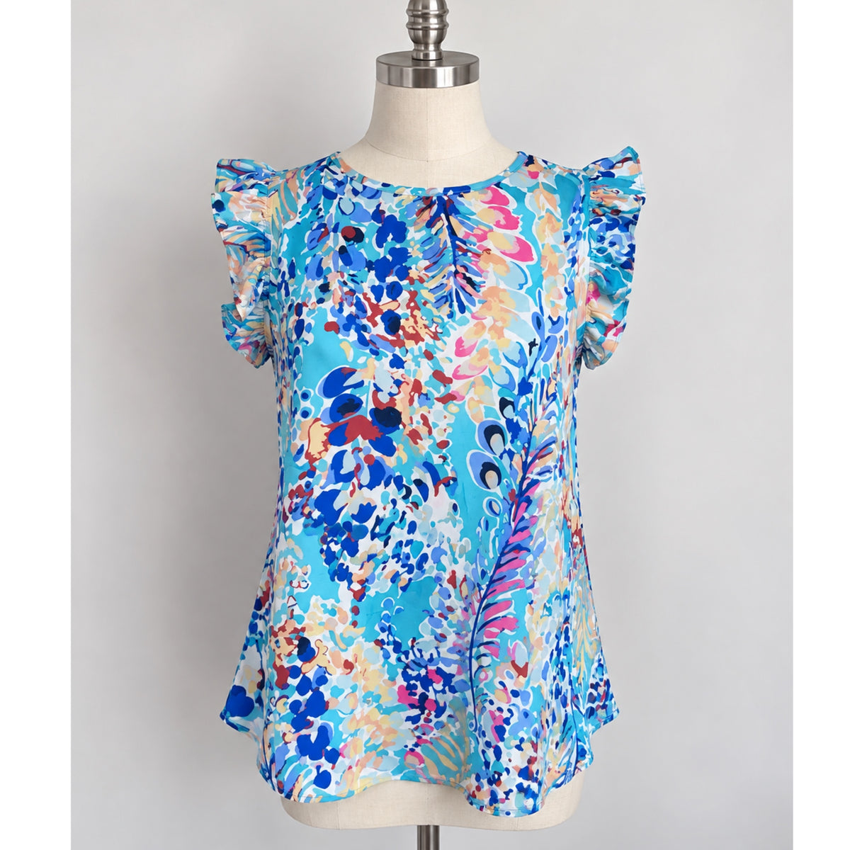 Floral Print Ruffle Sleeve Summer Top Coastal Blue Blouse