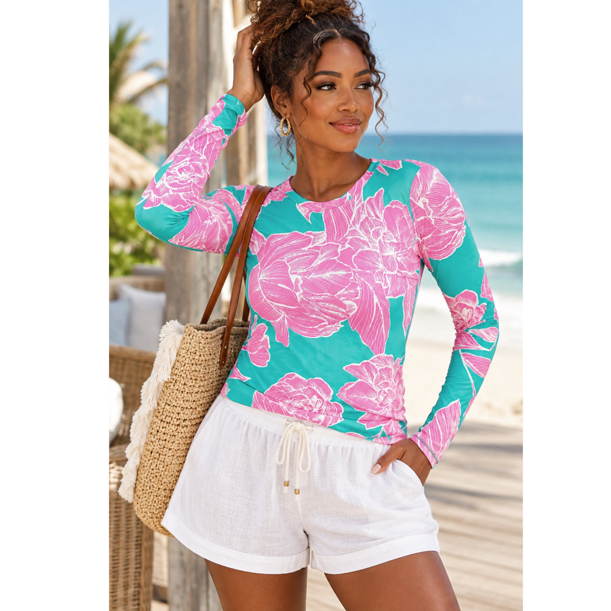 Preppy Love Aqua/Pink Fitted Floral Print Top Long Sleeve