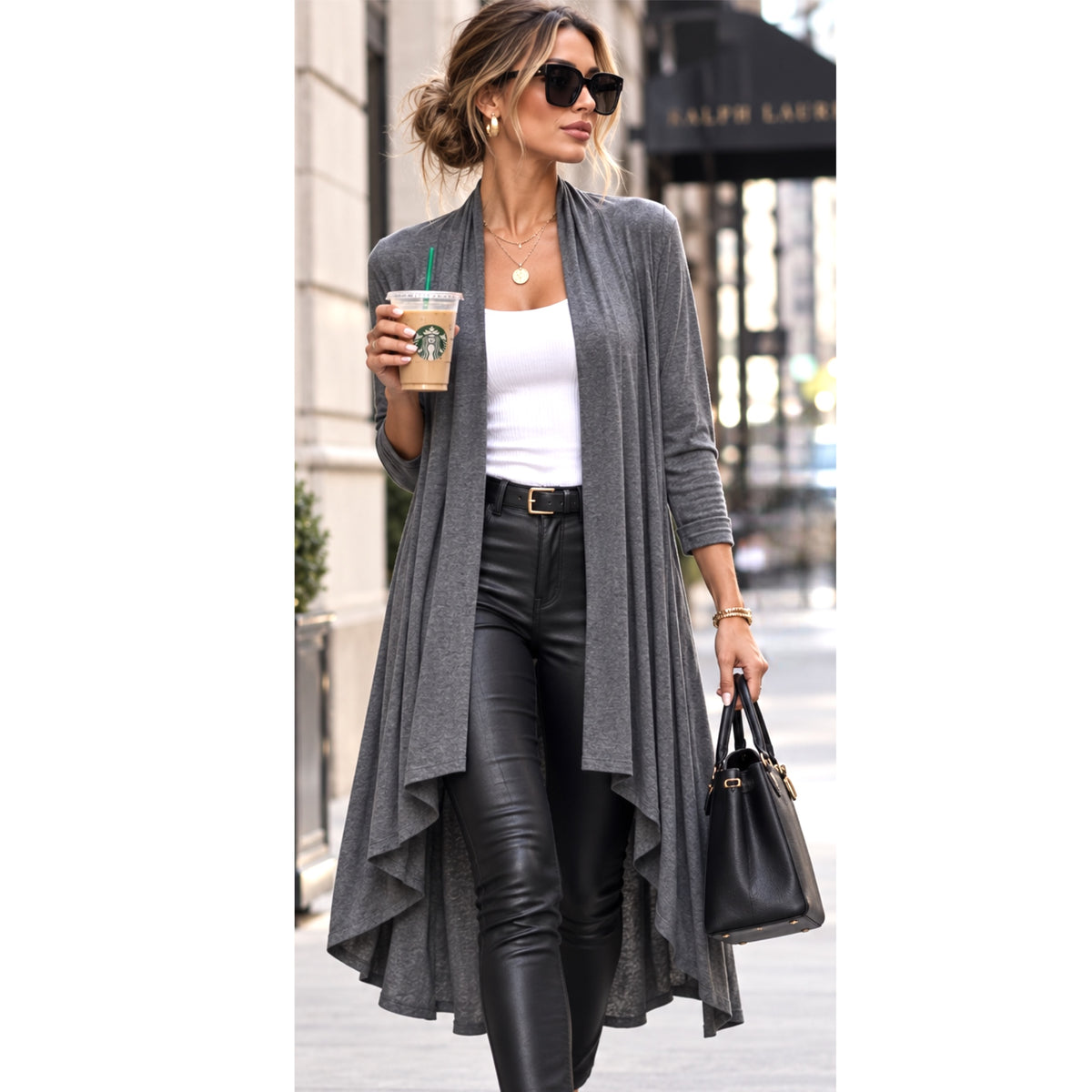 ReneeC. Bamboo Cardigan High Low Open Front Duster Made in USA in Charcoal Gray